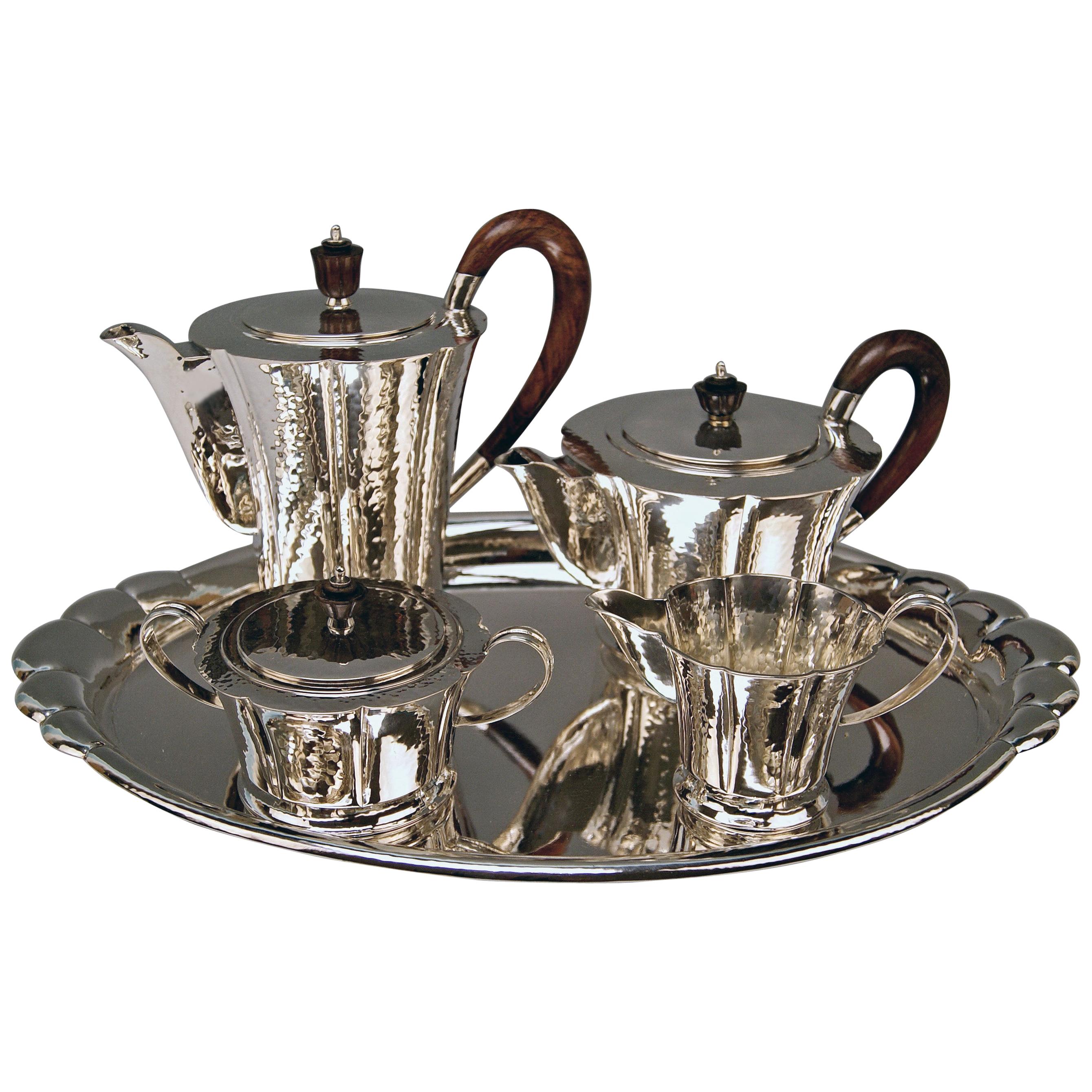 Silver Germany Coffee Tea Pot Creamer Sugar Bowl Tray Art Nouveau Wilkens 1905