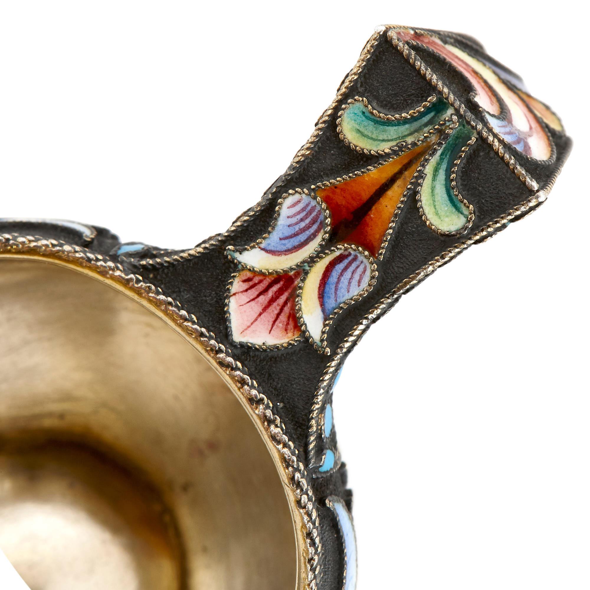 Cloissoné Silver-Gilt and Cloisonné Enamel Russian Kovsh by Semenova For Sale