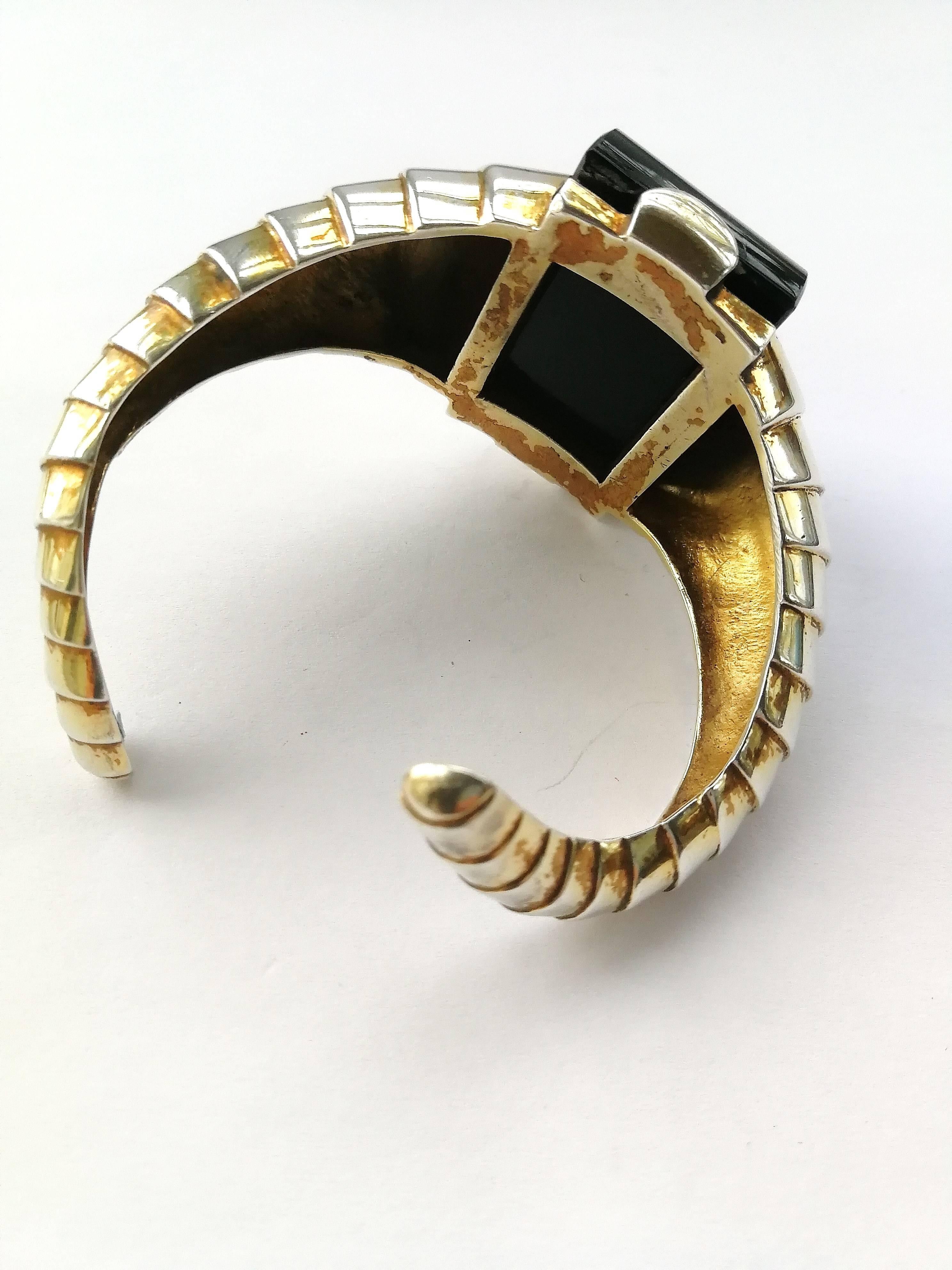 Silver gilt and dark/navy blue galalith sculpted bracelet, France, 1930s. 2