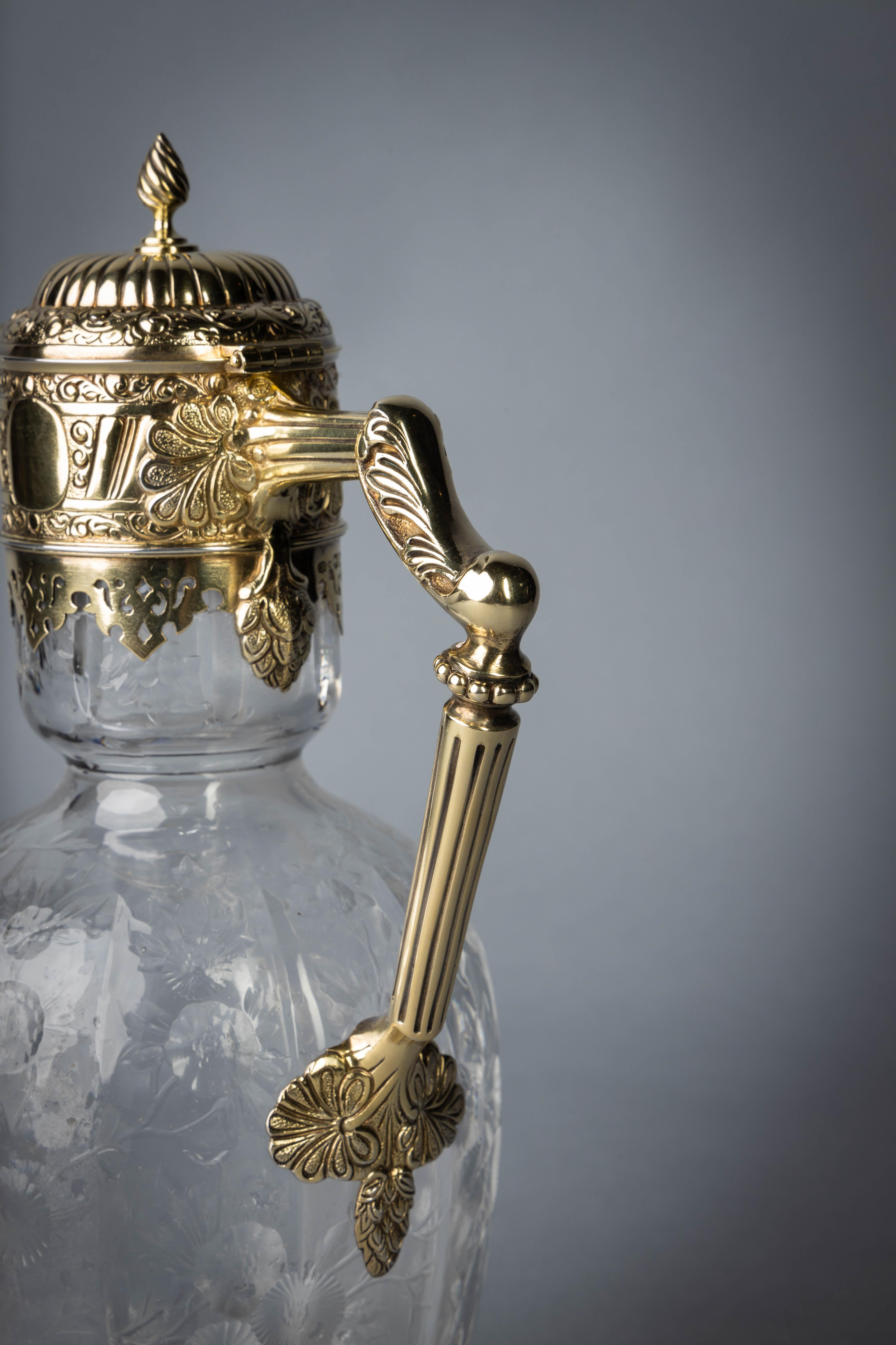 Silver Gilt and Engraved Crystal Jug In Good Condition For Sale In New York, NY