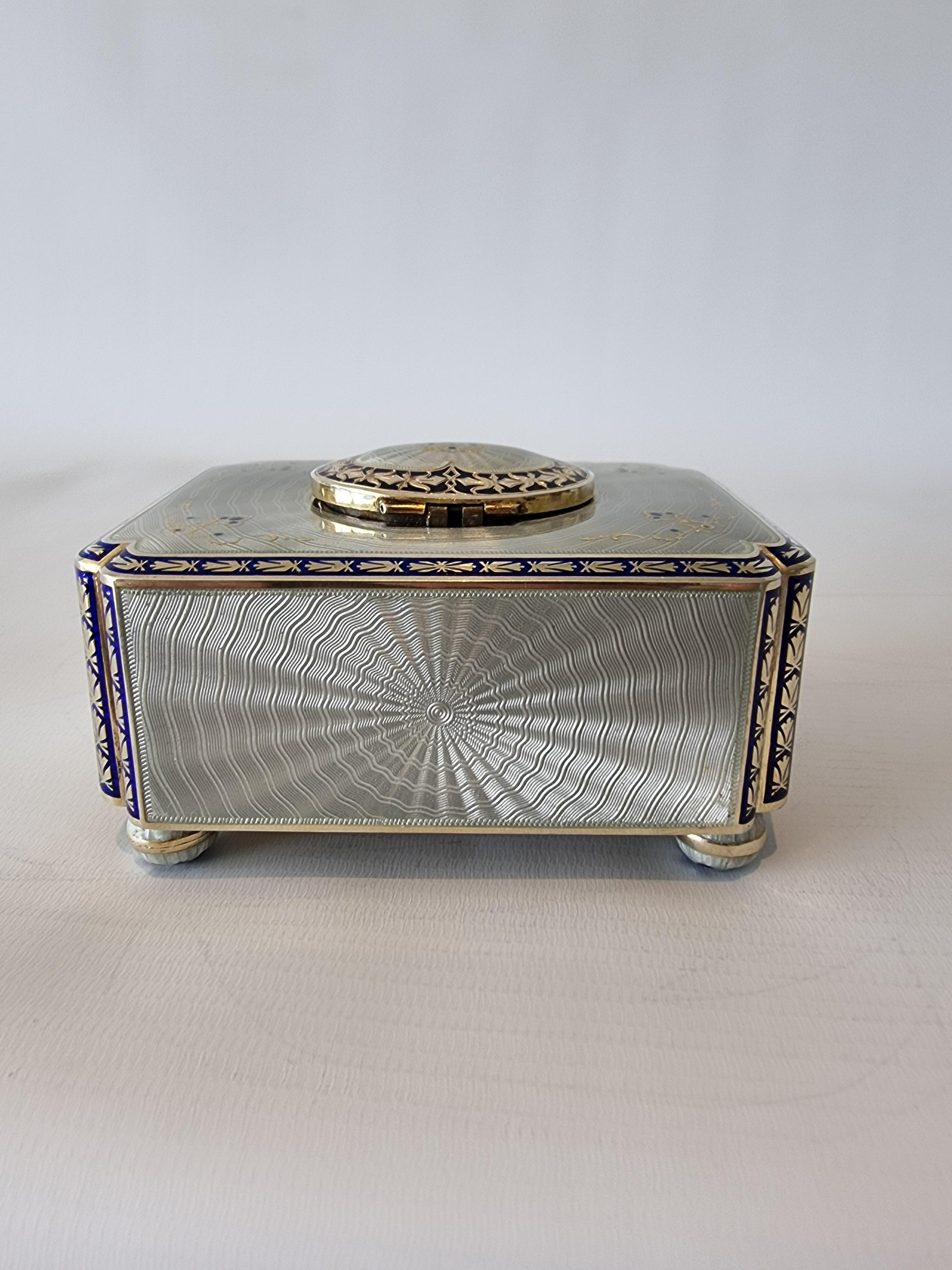 Silver Gilt and Full Radial Guilloche Enamel Singing Bird Box with Original Key For Sale 5