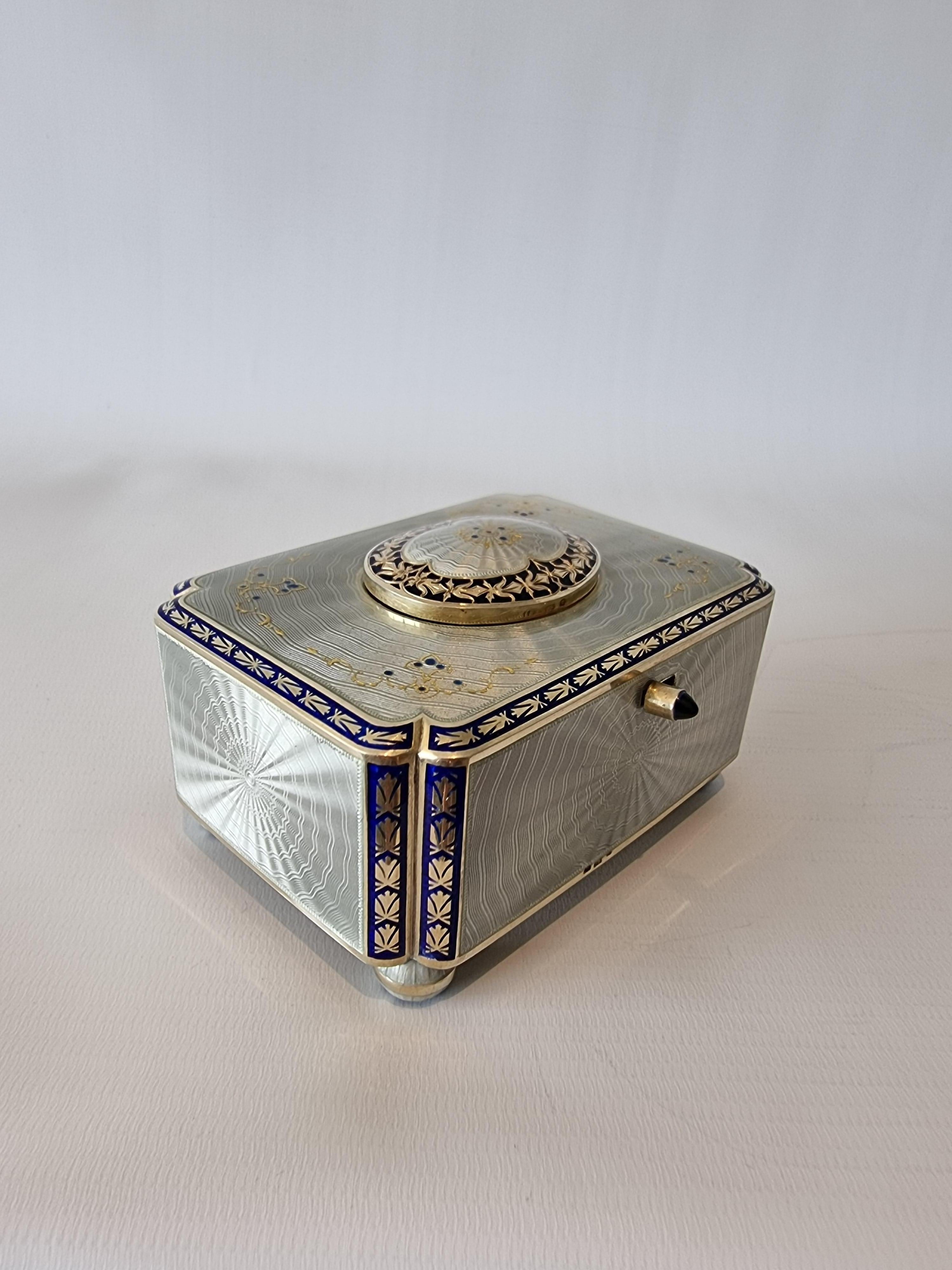 Silver Gilt and Full Radial Guilloche Enamel Singing Bird Box with Original Key For Sale 1