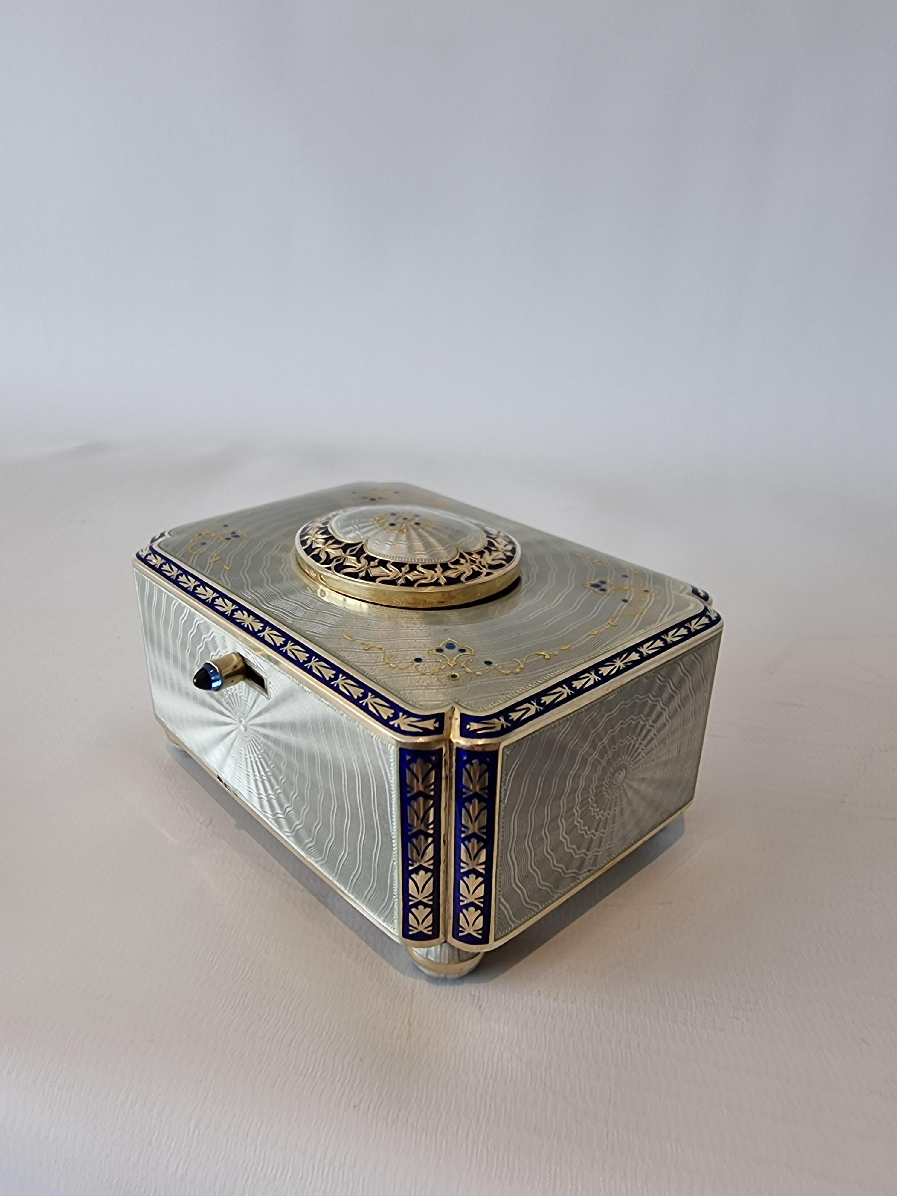 Silver Gilt and Full Radial Guilloche Enamel Singing Bird Box with Original Key For Sale 2