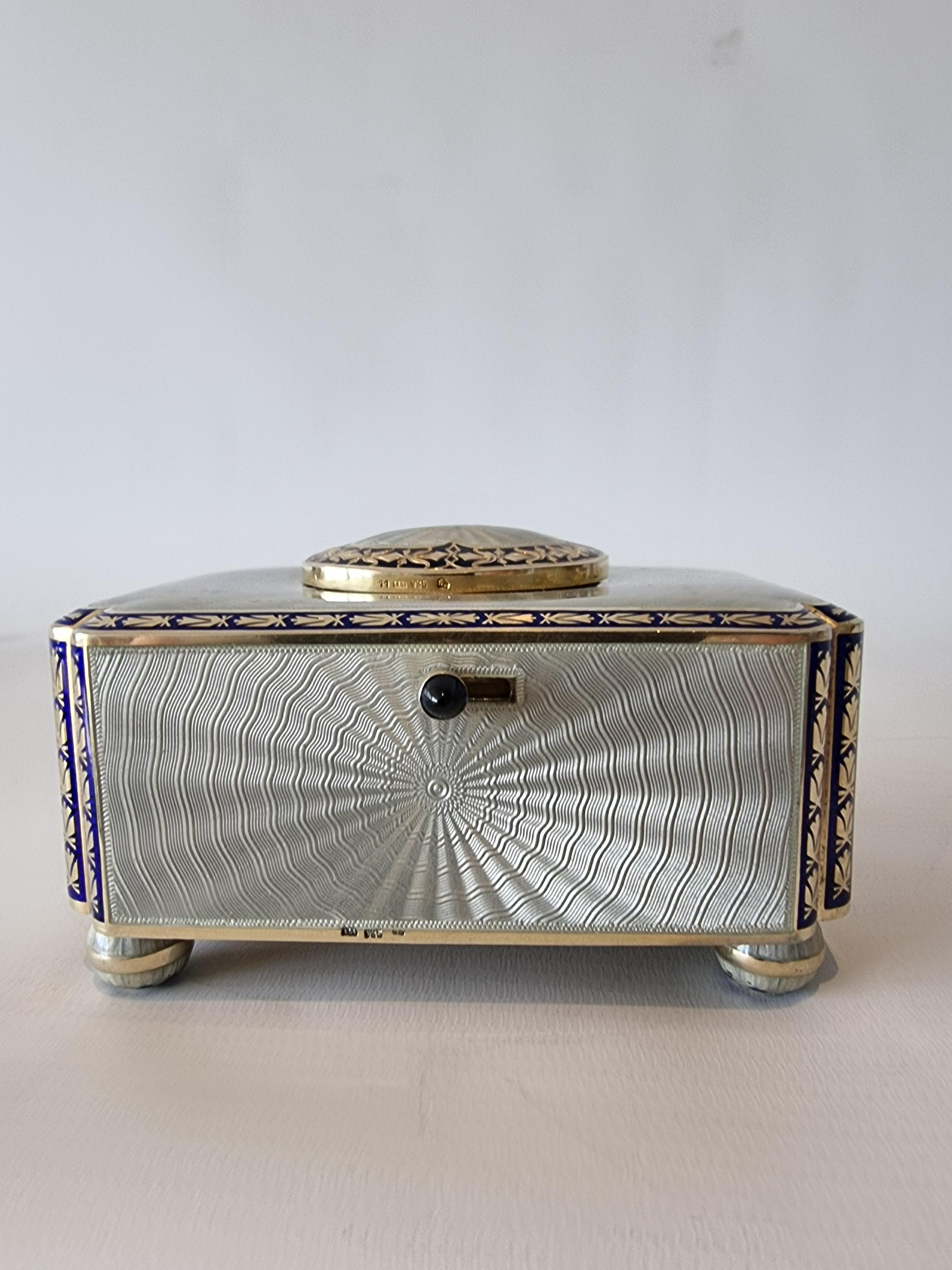 Silver Gilt and Full Radial Guilloche Enamel Singing Bird Box with Original Key For Sale 3