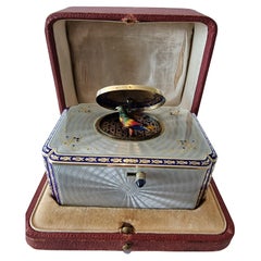 Silver Gilt and Full Radial Guilloche Enamel Singing Bird Box with Original Key