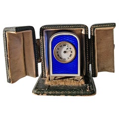 Silver Gilt and Guilloche Enamel Sub Miniature Carriage or Boudoir Clock in Case
