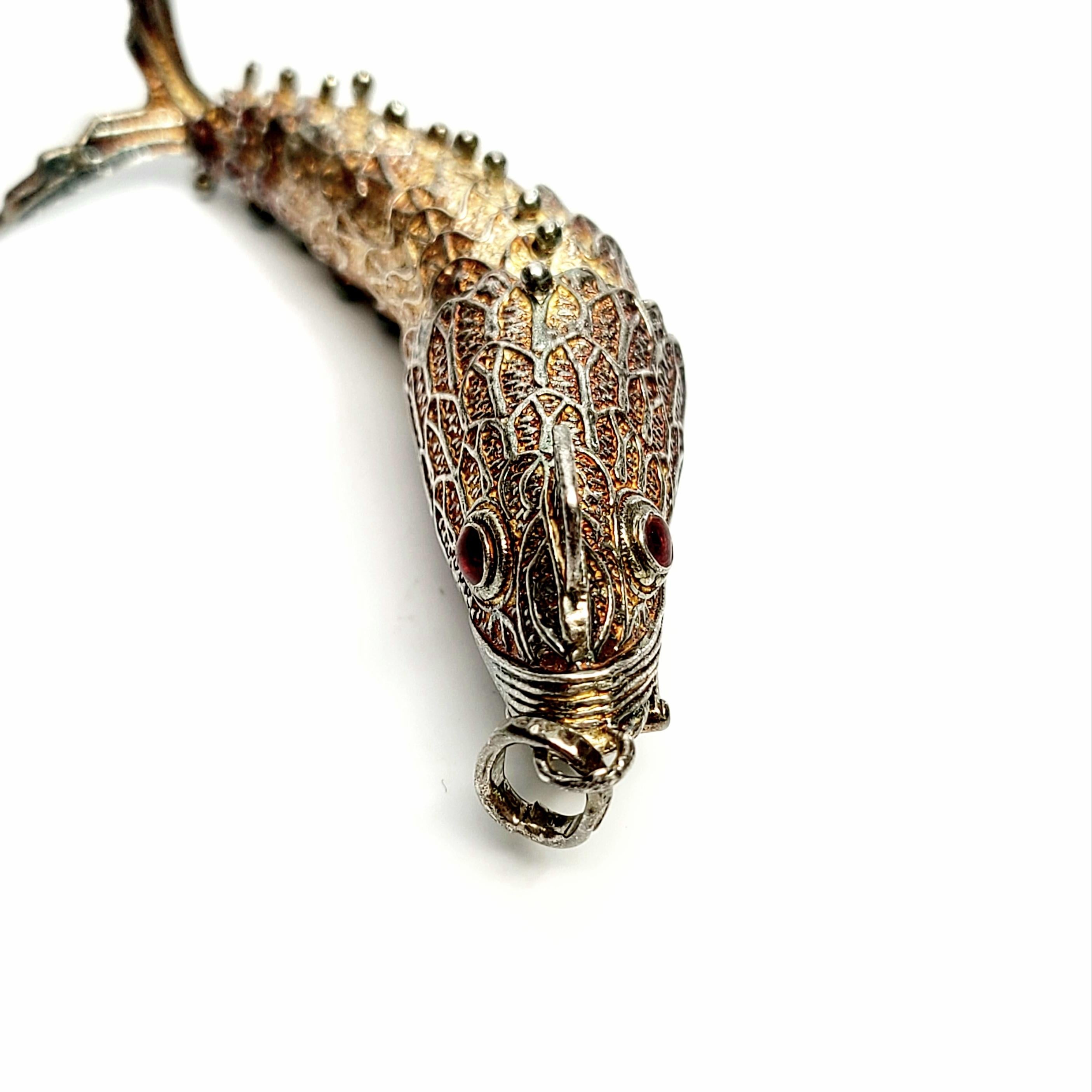Silver Gilt Articulated Fish Pendant with Red Eyes In Good Condition In Washington Depot, CT