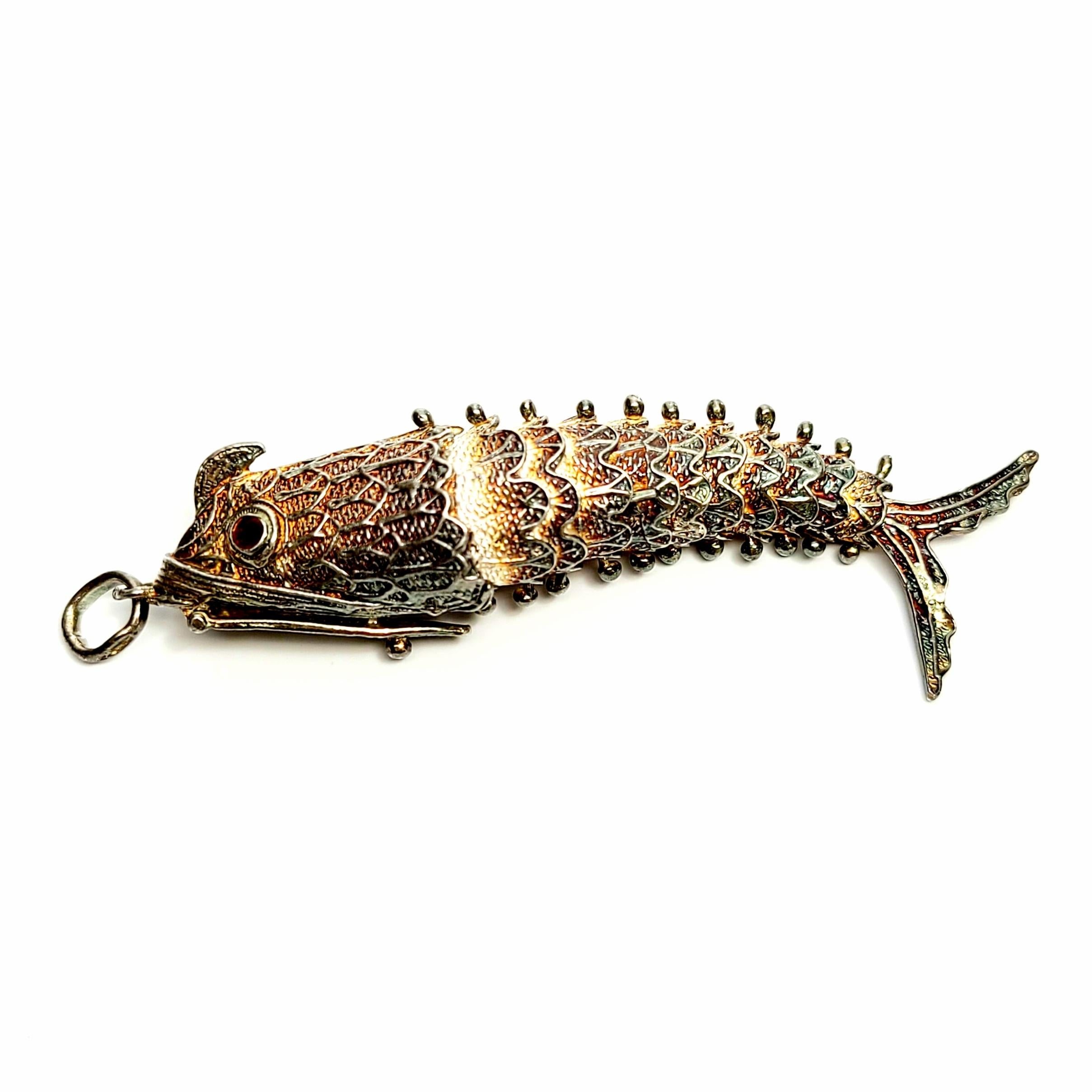 Silver Gilt Articulated Fish Pendant with Red Eyes 3