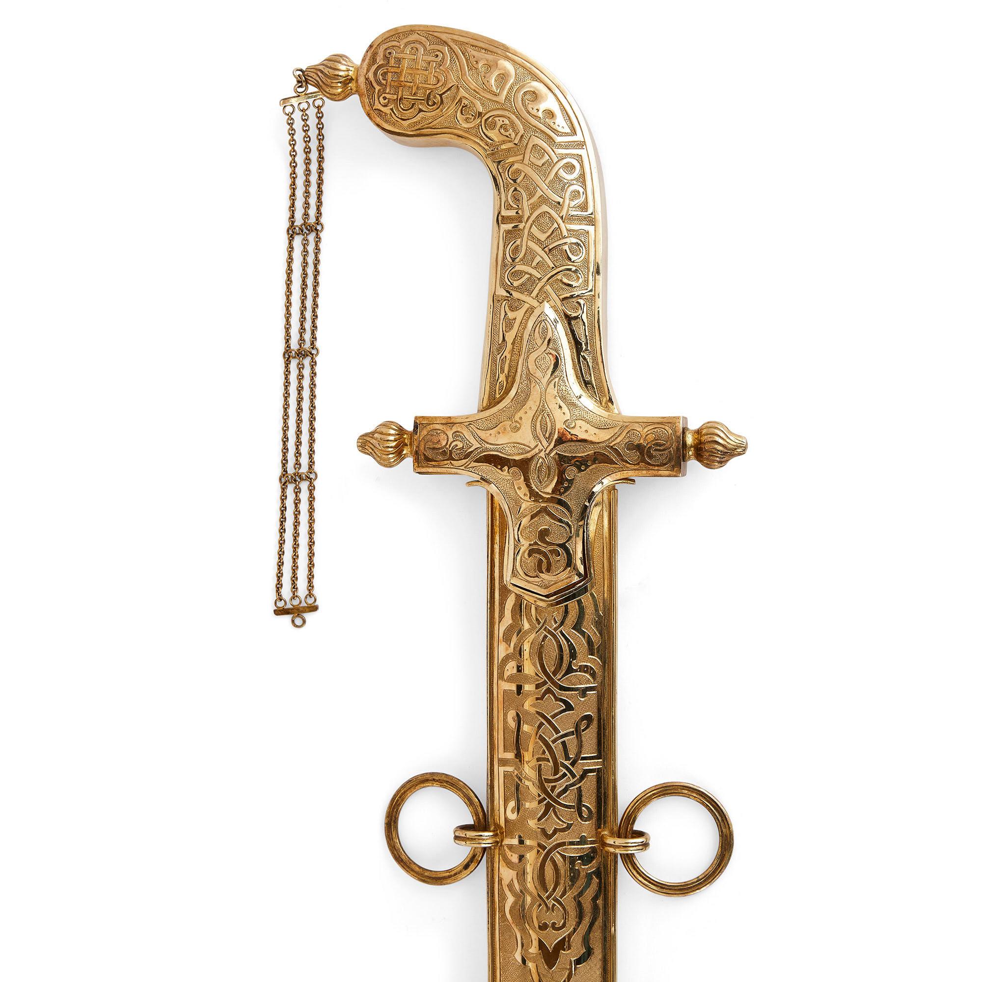 Silber-vergoldetes österreichisch-ungarisches Schwert im islamischen Stil mit Gravuren (Vergoldet) im Angebot