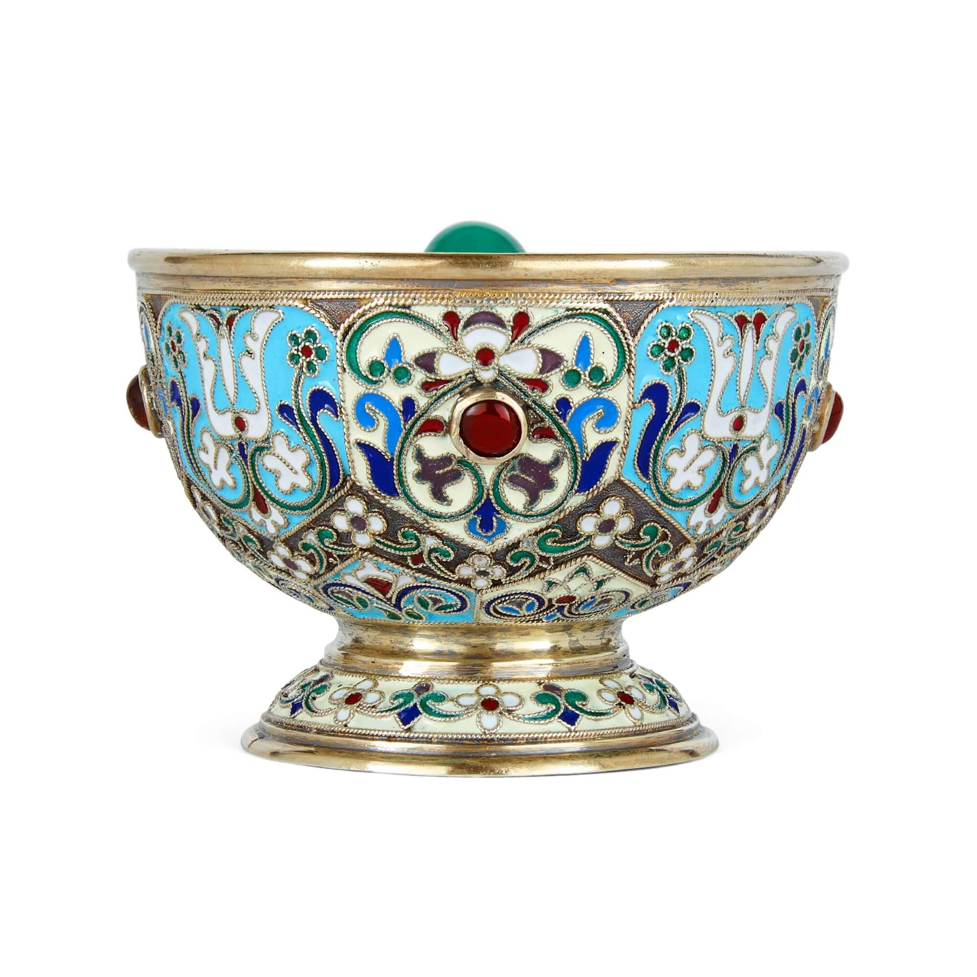 Silver gilt bejewelled cloisonné enamel Russian charka 
Russian, 20th Century 
Height 5cm, width 12cm, depth 7cm

Made in Russia in the 20th century, this antique charka drinking vessel is more than just a cultural artefact, it is a vibrant