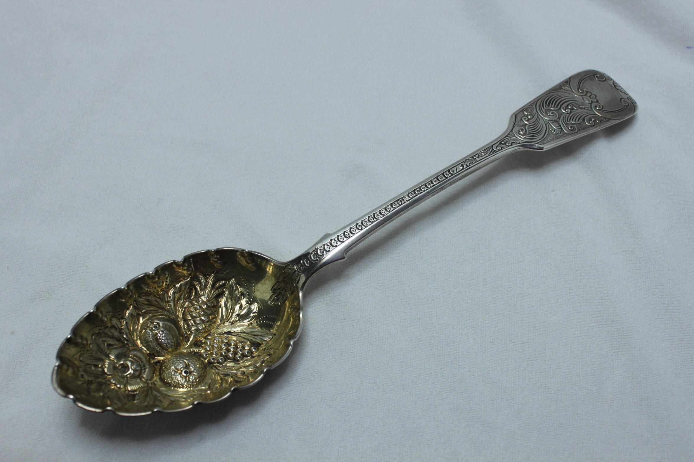 English Silver Gilt Berry Spoon by James and Josiah Williams Exeter 1861