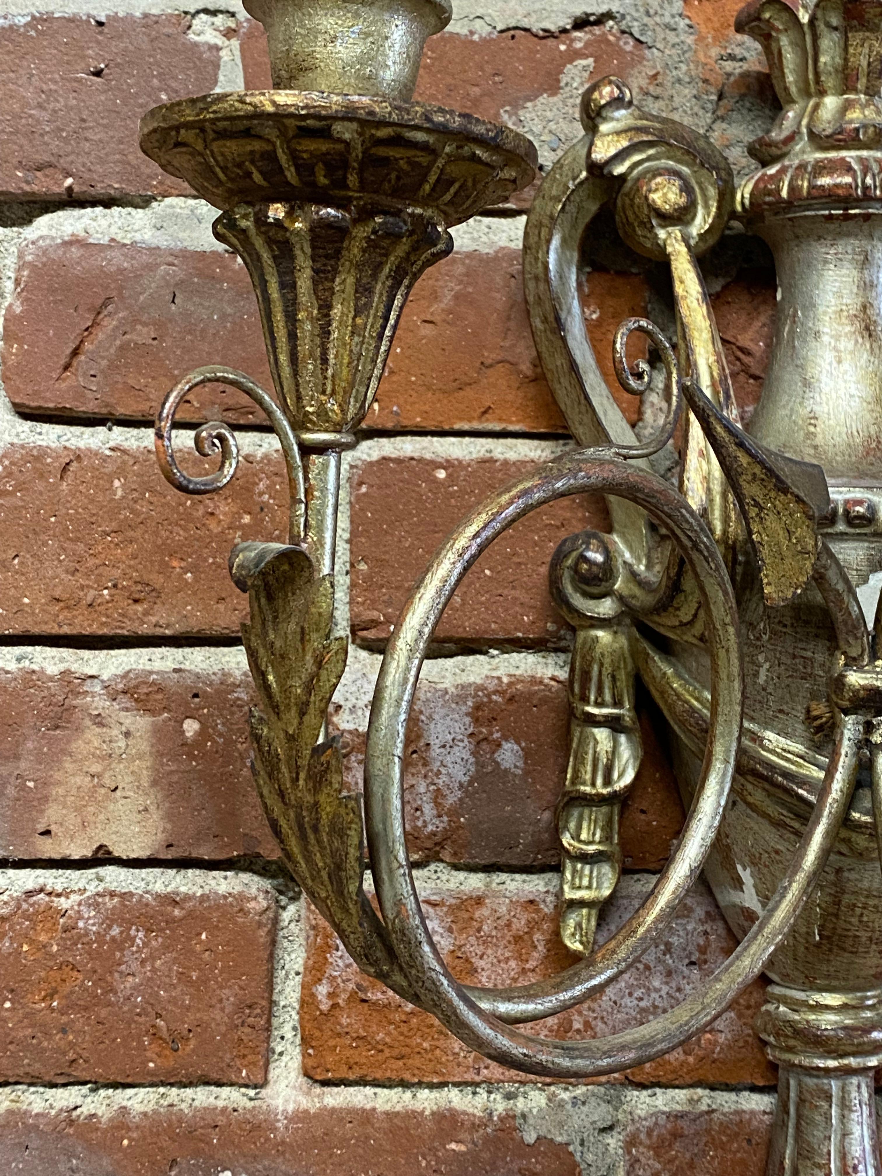 Silver Gilt Carved Wood Italian Baroque Style Sconces, a Pair 7