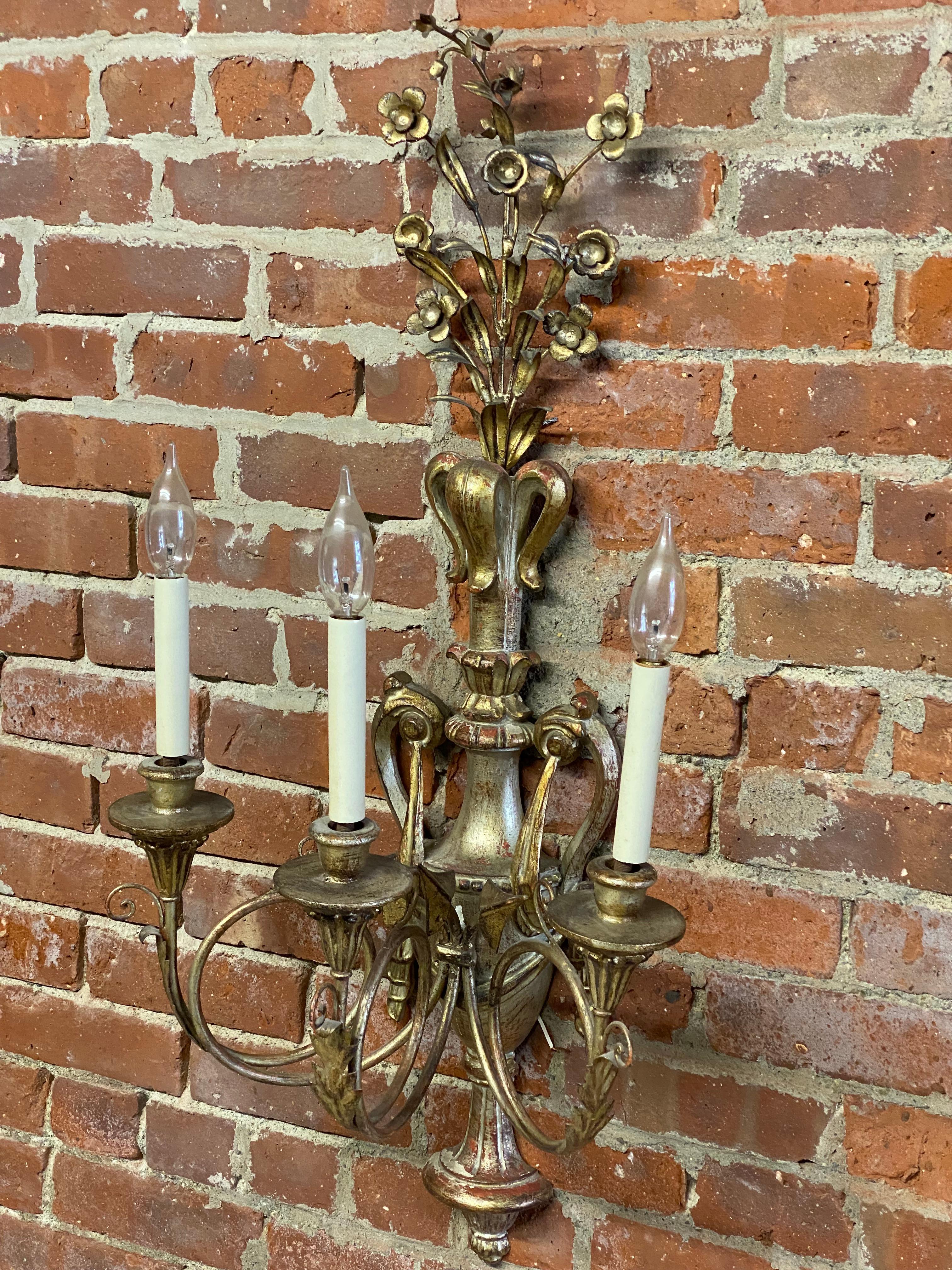 Metal Silver Gilt Carved Wood Italian Baroque Style Sconces, a Pair
