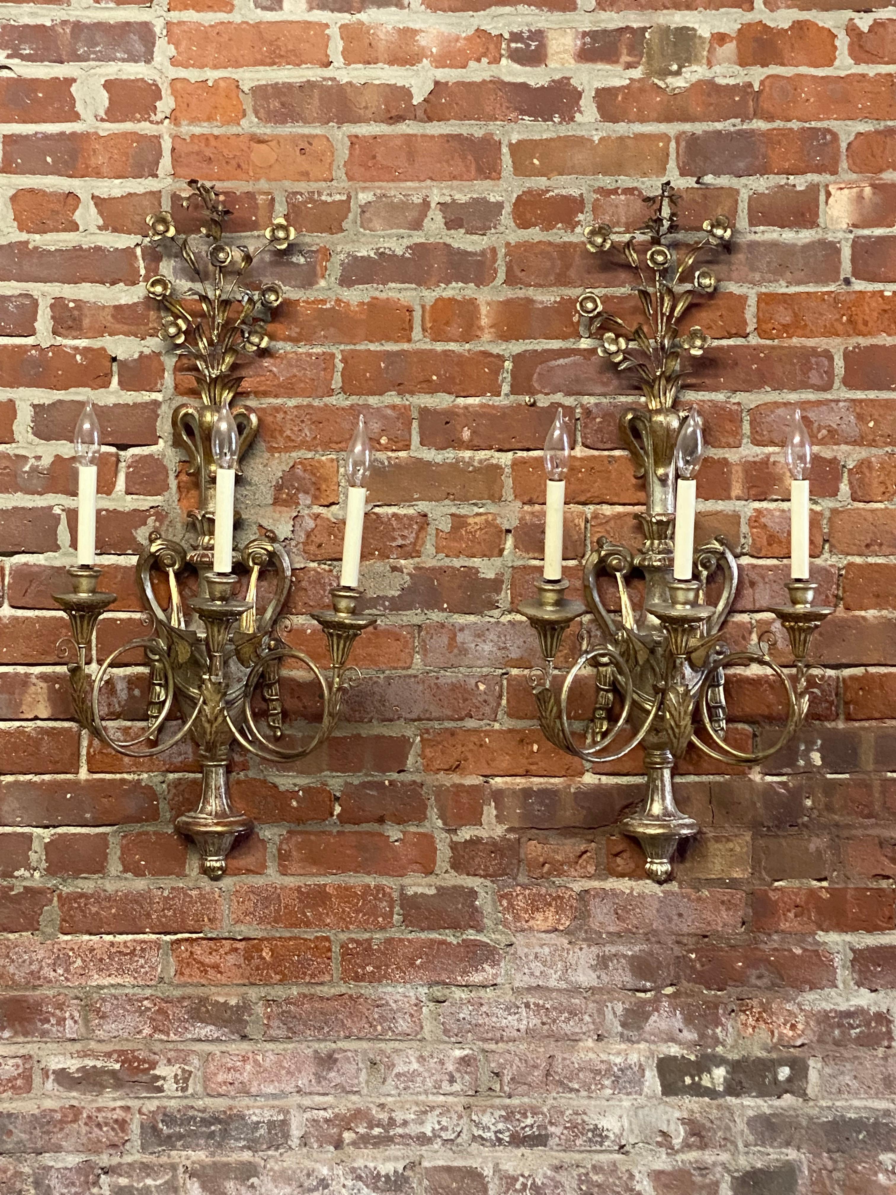 Silver Gilt Carved Wood Italian Baroque Style Sconces, a Pair 1