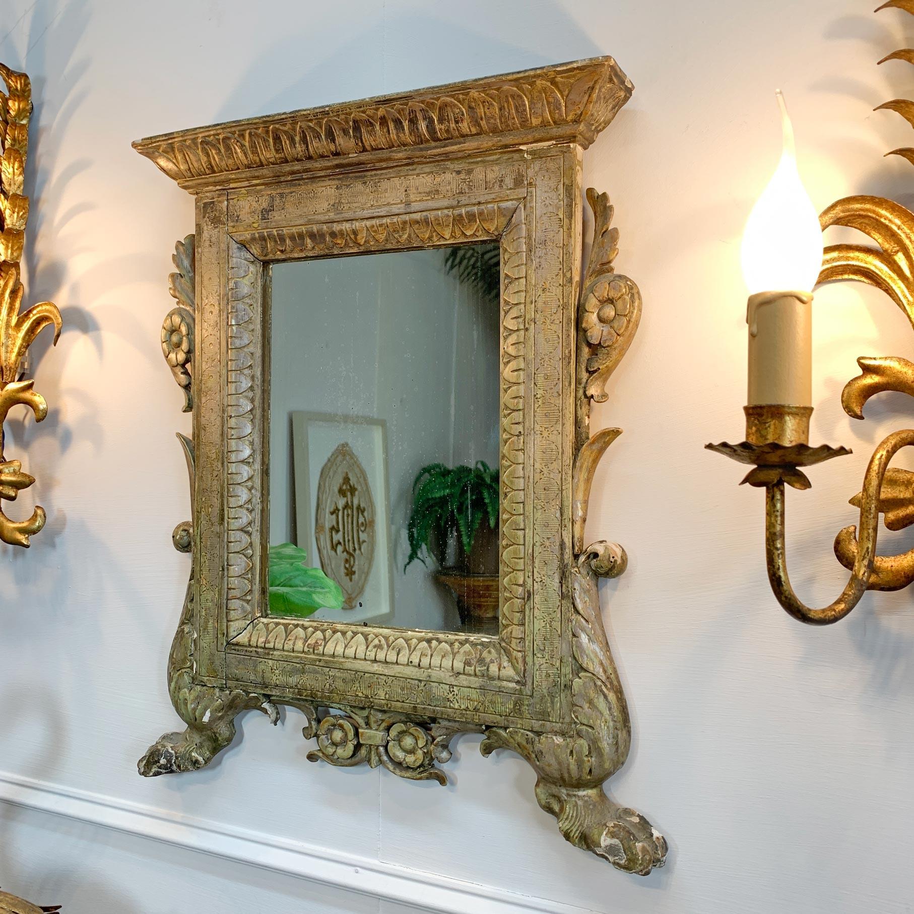 Baroque Silver Gilt Carved Wood Italian Wall Mirror 18th Century For Sale