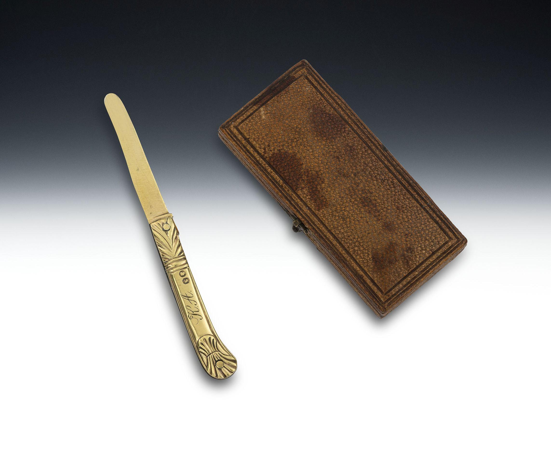 A Very Rare Silver Gilt Cased Miniature Folding Knife Made in London in 1896 by Francis Higgins

This beautiful silver gilt miniature is  finely modelled with pistol handle decorated with shells and engraved with a set of contemporary script