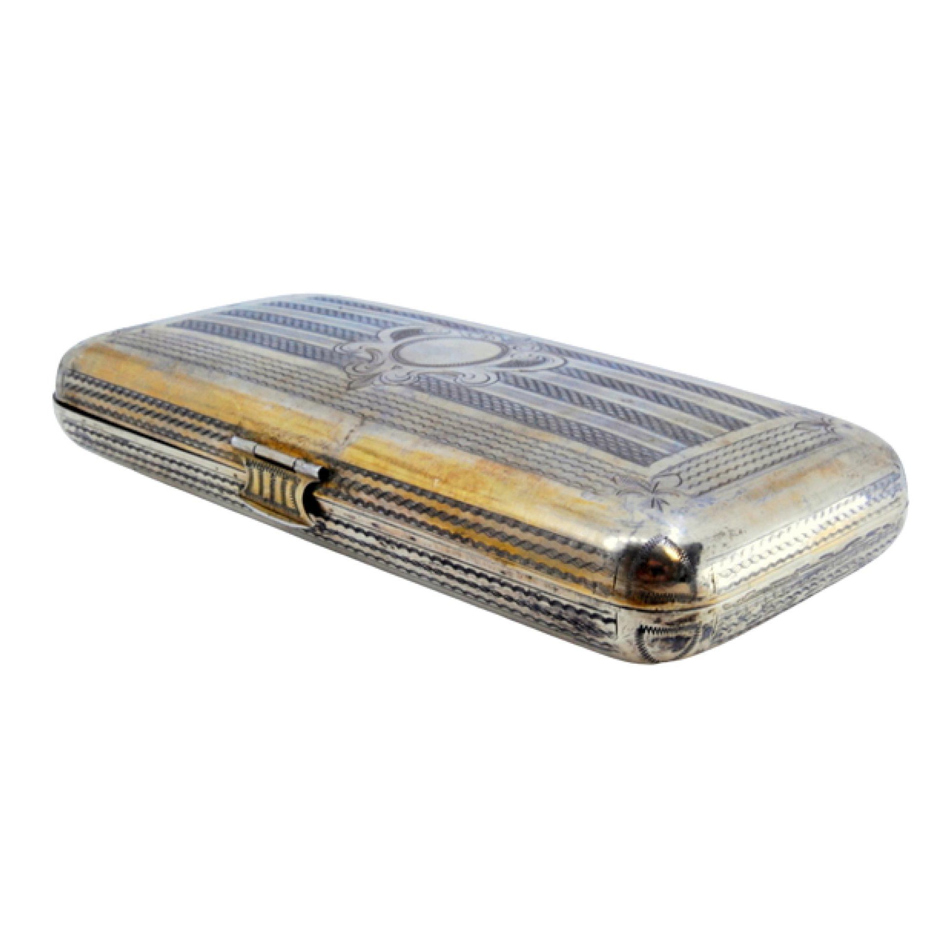 Silver-gilt cigar case with hunting scene, monogram panel and velvet interior