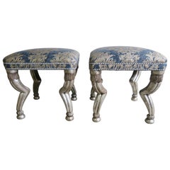 Silver Gilt Fortuny Upoholstered Benches with Silver Nailhead Trim, Pair