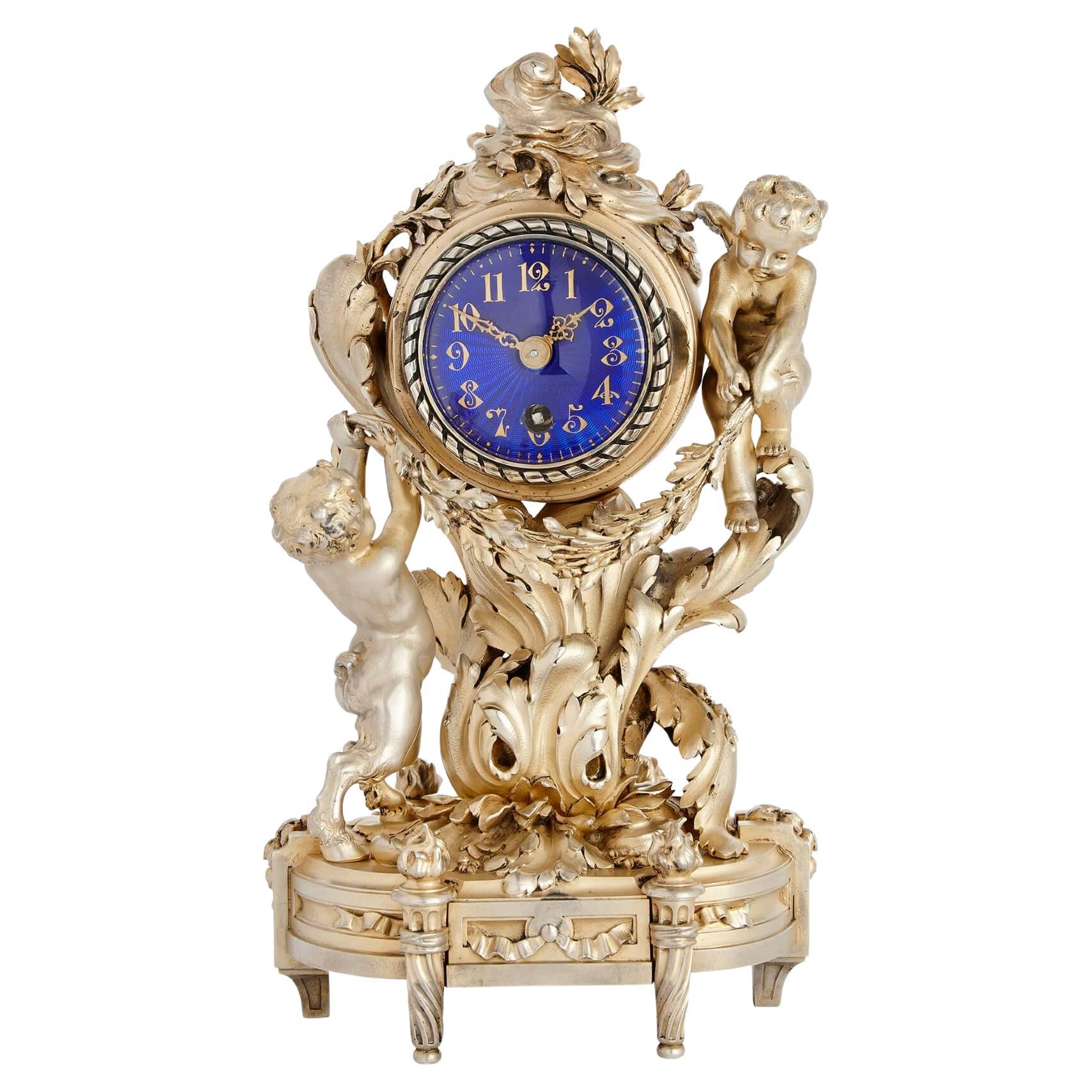 Silver-Gilt French Belle Époque Table Clock by E. Evrot