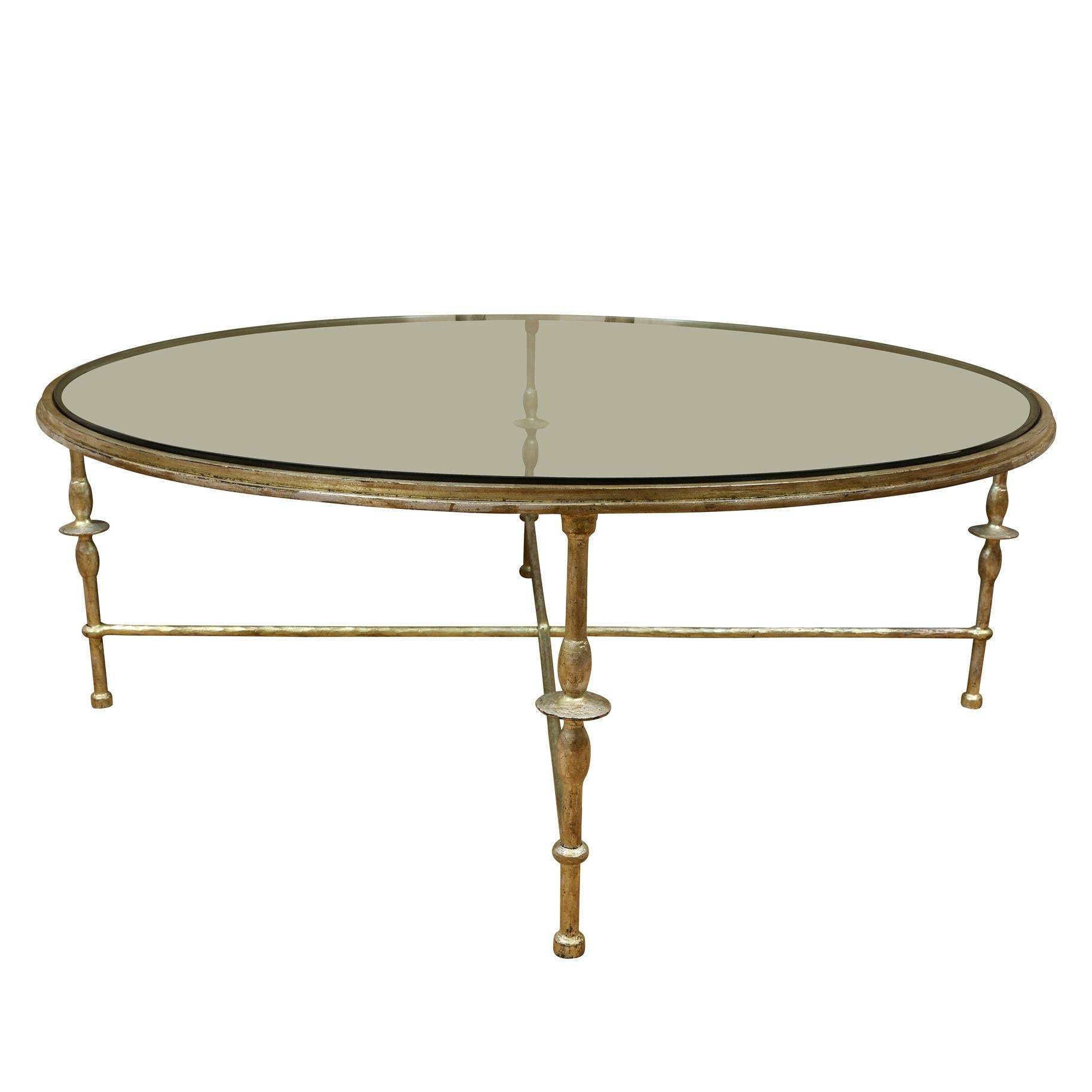 Silver Gilt Giacometti Style Round Glass Top Coffee Table In Good Condition In Locust Valley, NY