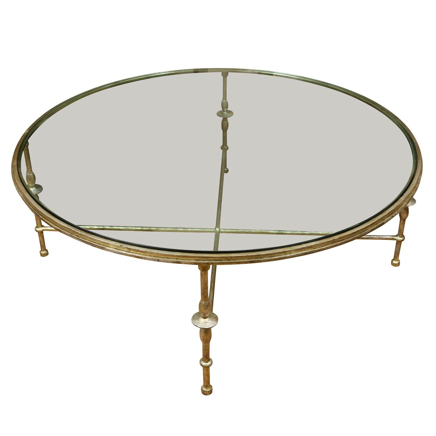 20th Century Silver Gilt Giacometti Style Round Glass Top Coffee Table