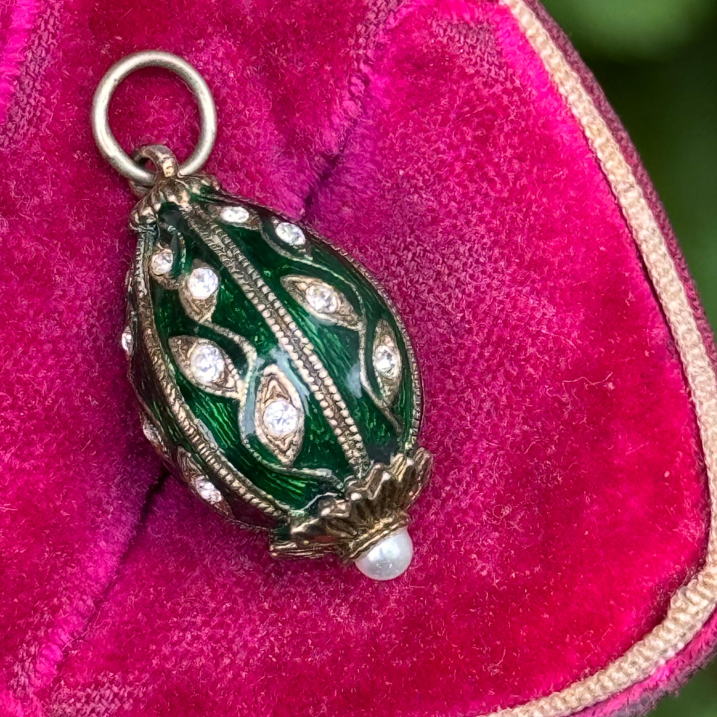Gold Gilt  Silver Green Enamel Egg Pendant Charm In Good Condition In Monroe Township, NJ
