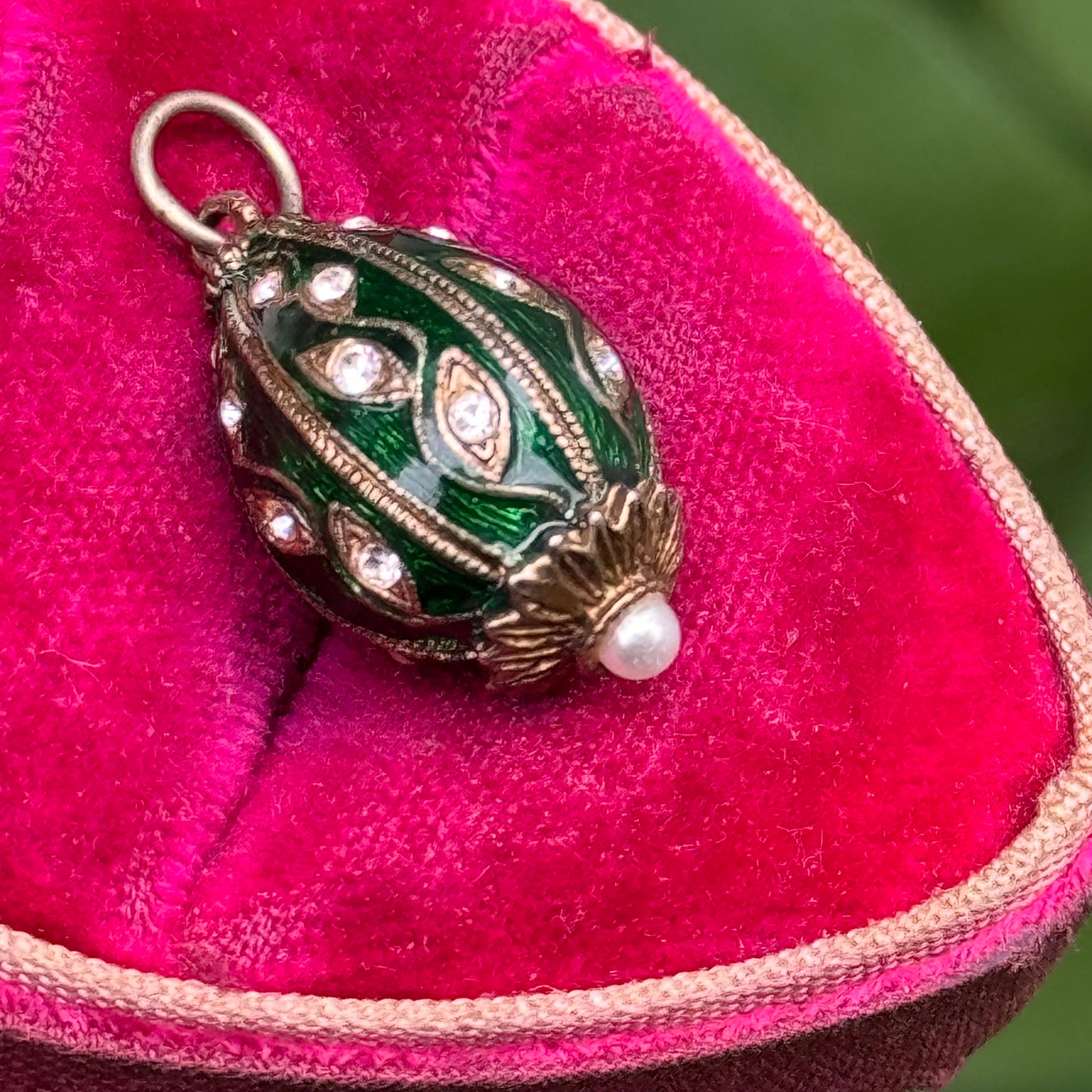 Women's or Men's Gold Gilt  Silver Green Enamel Egg Pendant Charm