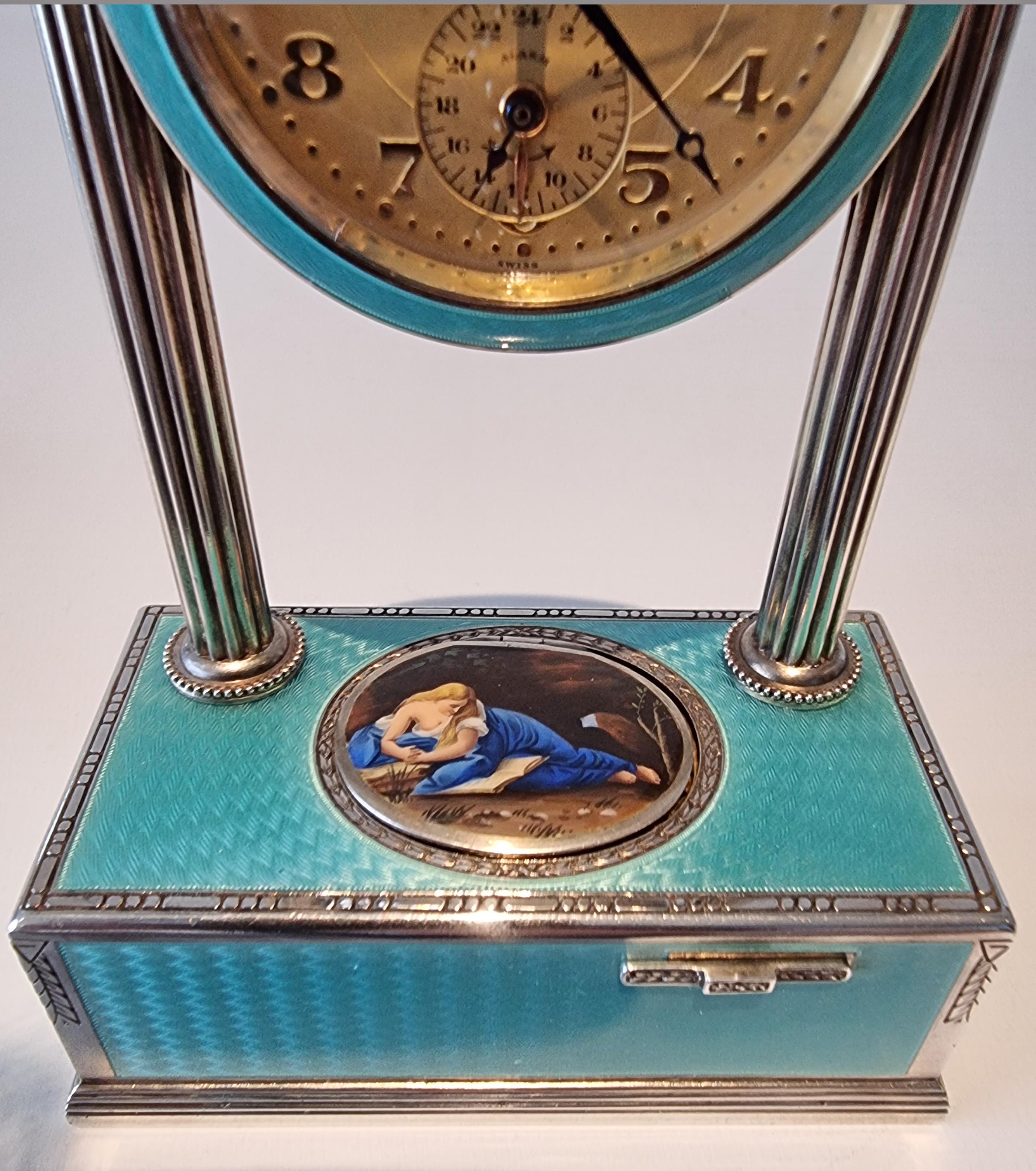 Silver-Gilt, Guilloche Turquoise Enamel Timepiece Alarm Clock Singing Bird In Good Condition For Sale In London, GB