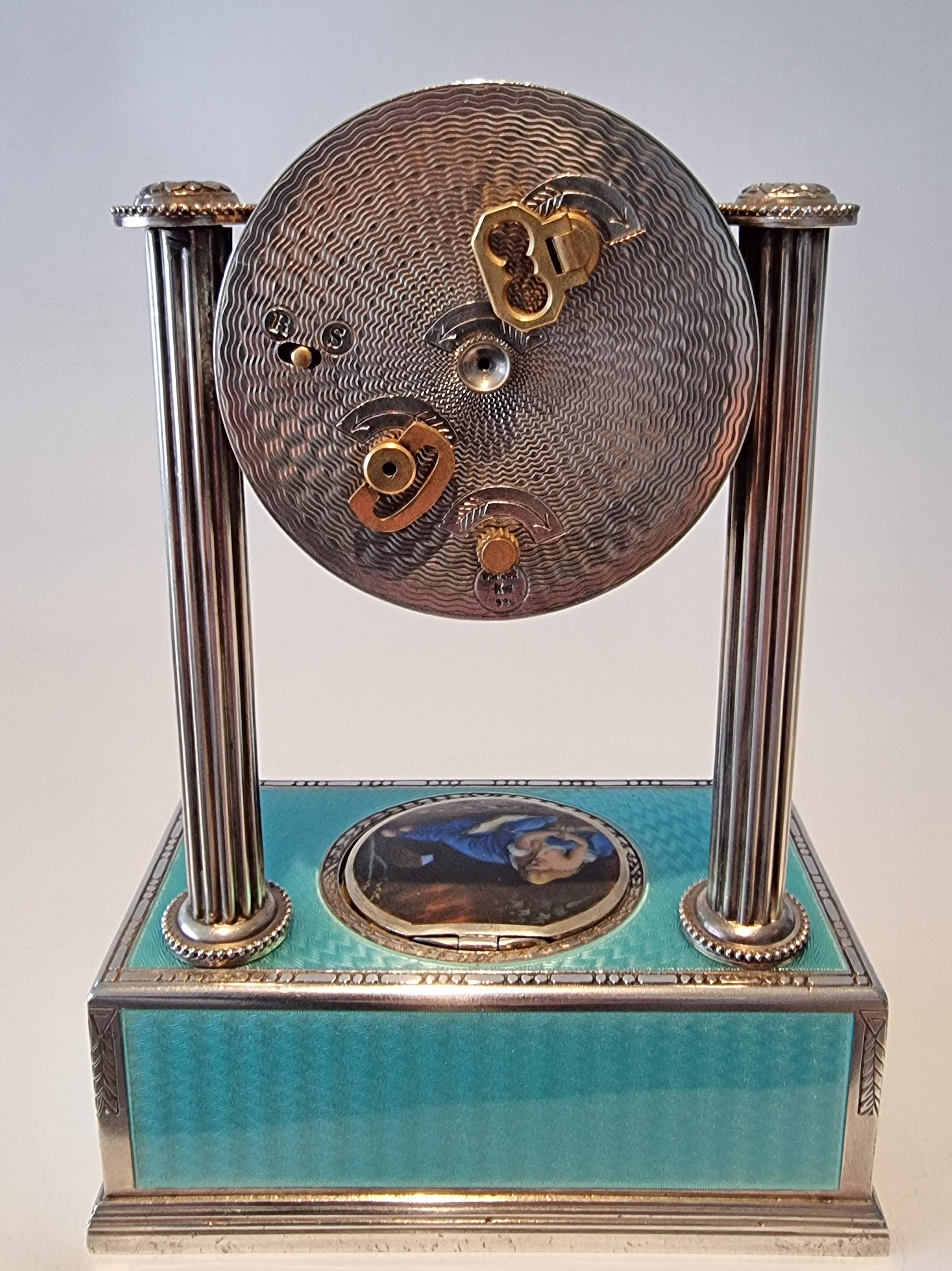 Early 20th Century Silver-Gilt, Guilloche Turquoise Enamel Timepiece Alarm Clock Singing Bird For Sale
