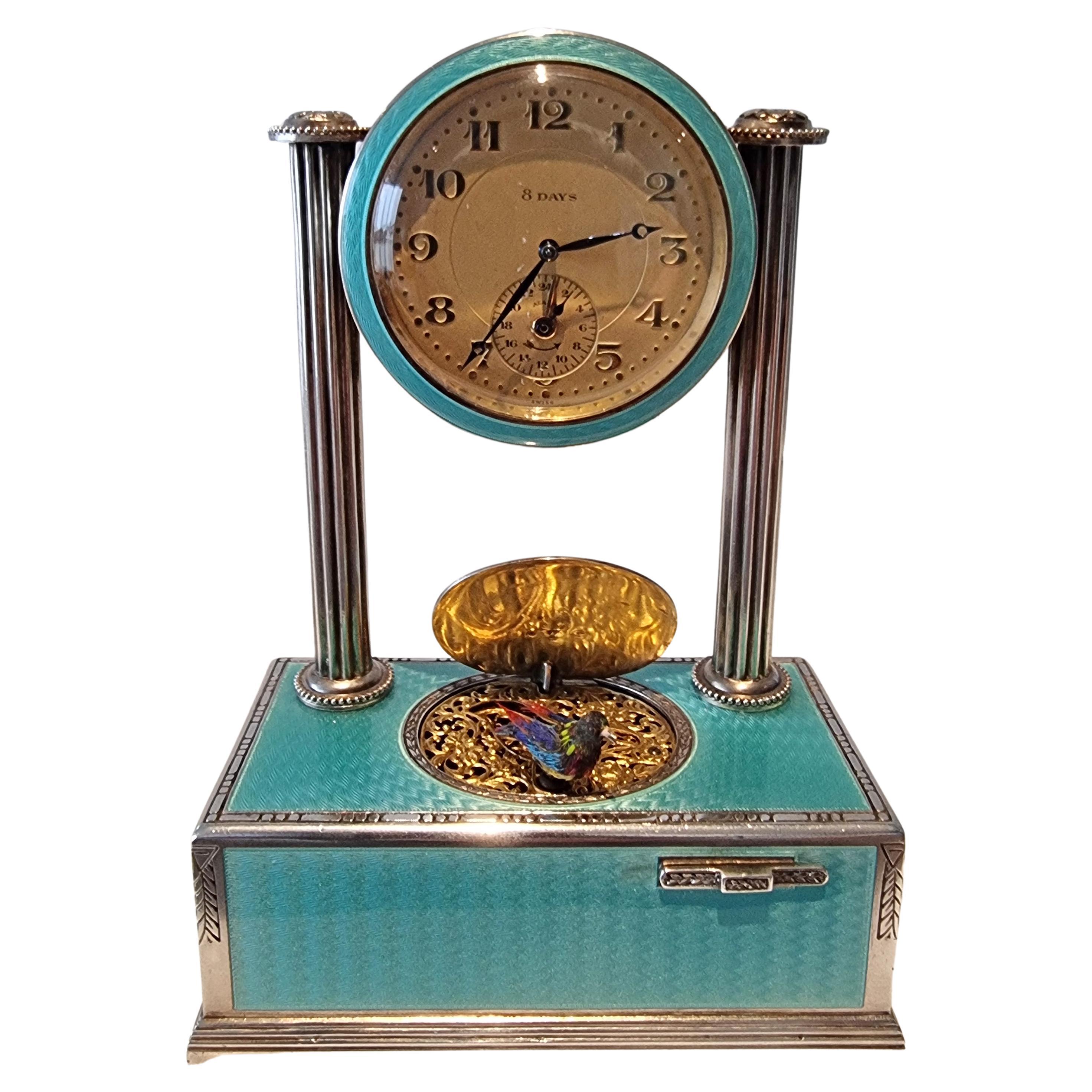 Silver-Gilt, Guilloche Turquoise Enamel Timepiece Alarm Clock Singing Bird For Sale