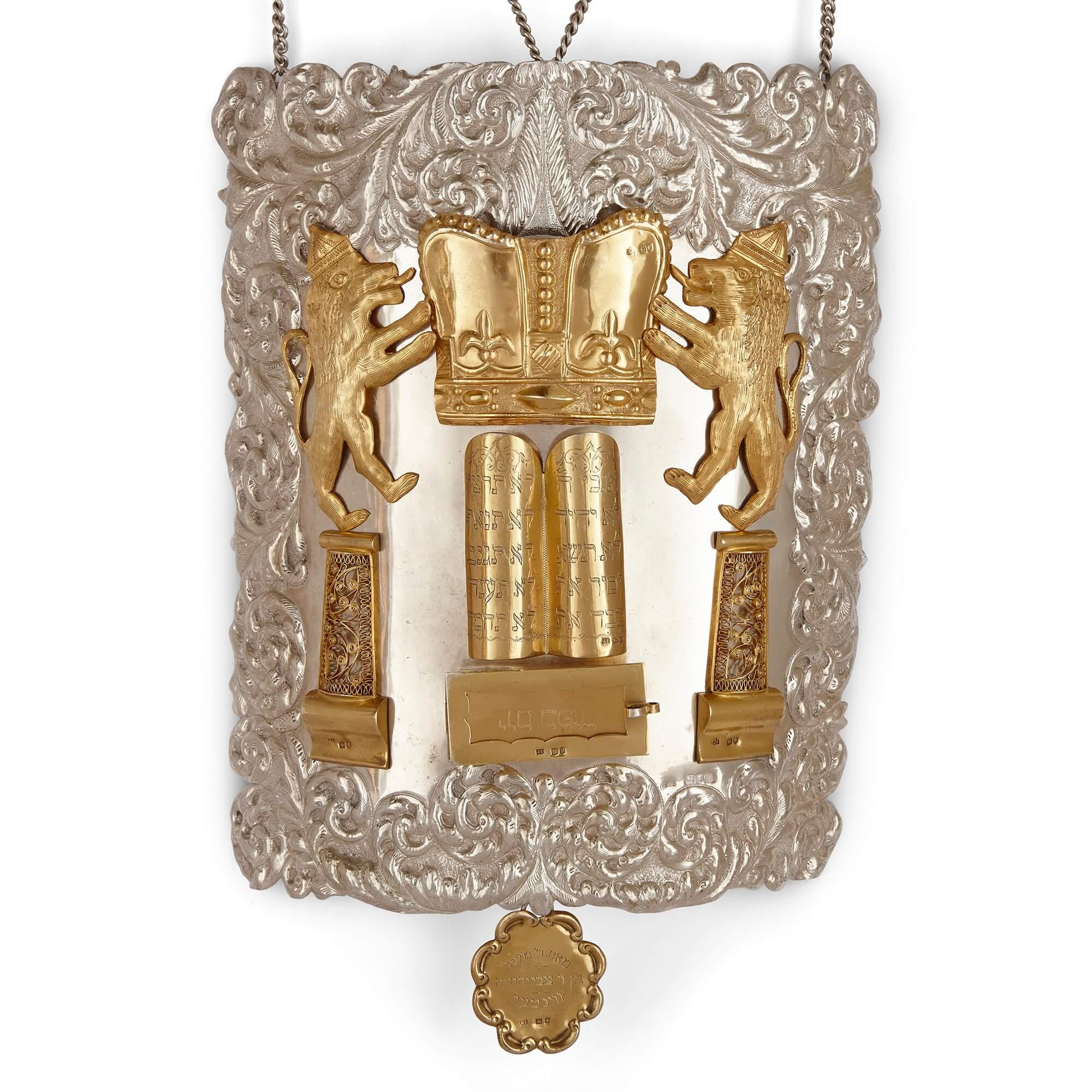 Silver gilt Judaica Torah breast plate by Jacob Langleben, 1896
English, late 19th century
Measures: Height 62cm, width 25cm, depth 9cm

This superb antique piece is a large, Jewish Torah shield or breast plate, crafted in silver and decorated