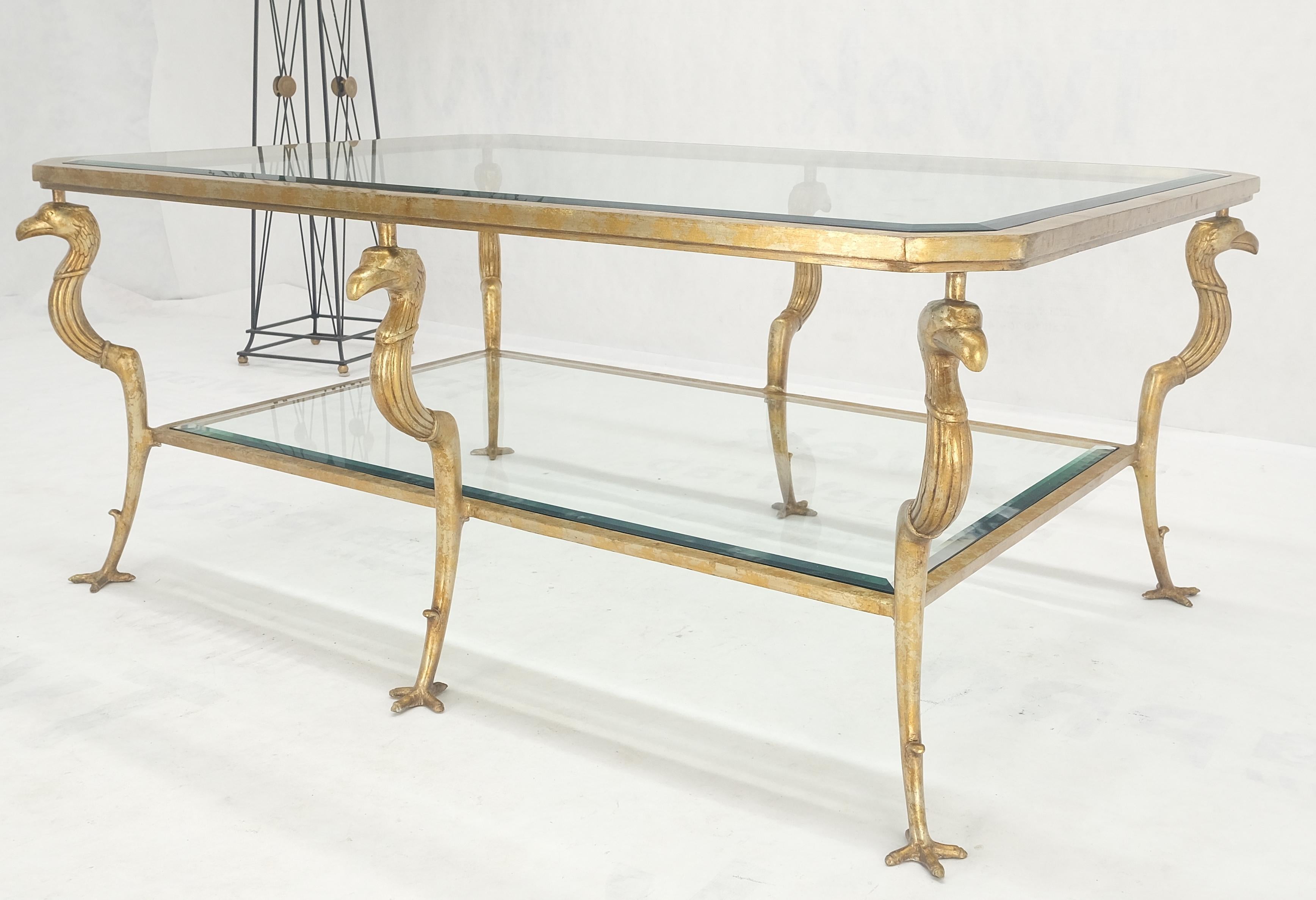 Mid-Century Modern Silver Gilt Metal Glass Top Two Tier Eagle & Claw Motive Rectangle Coffee Table  For Sale