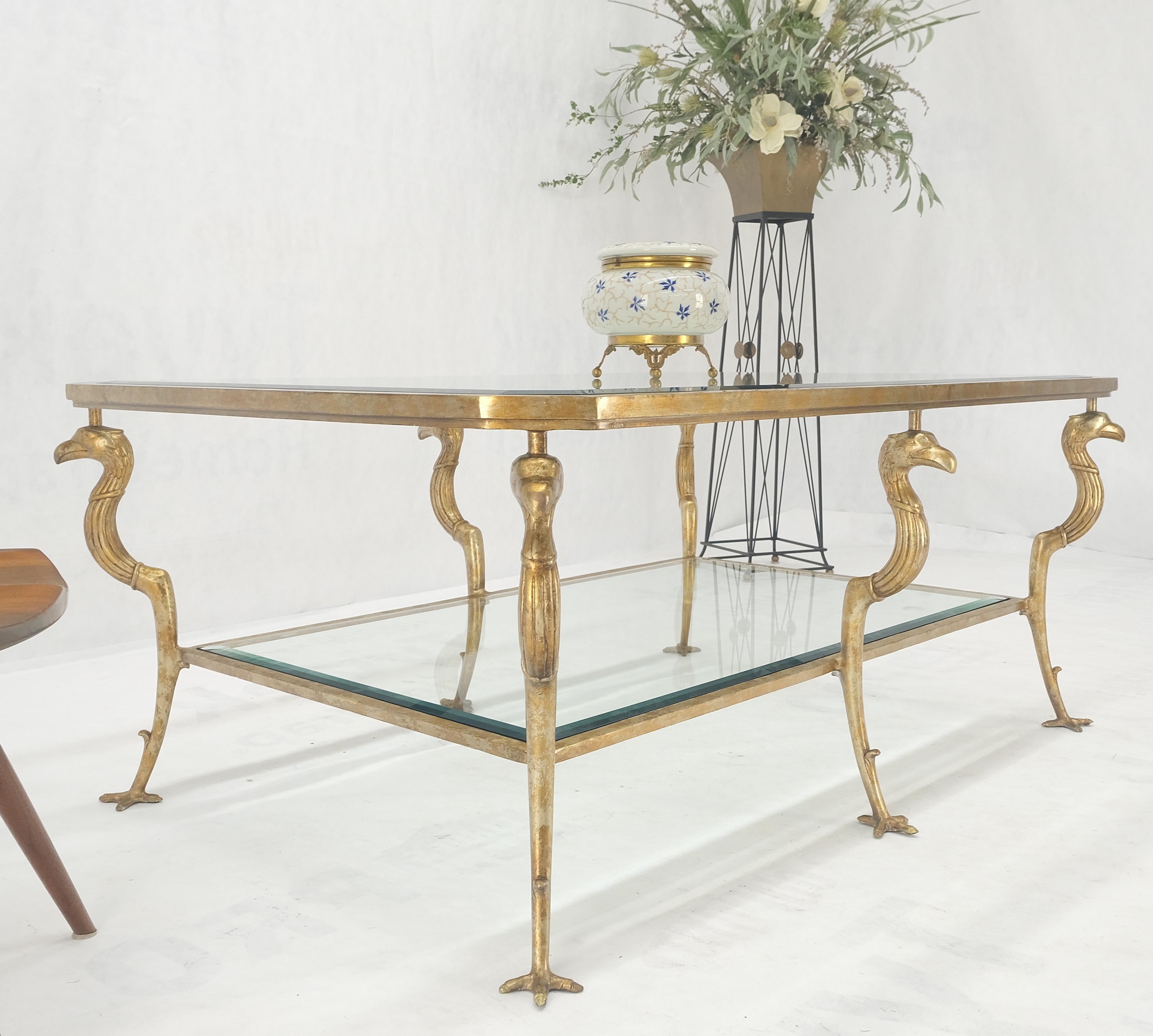 Silver Gilt Metal Glass Top Two Tier Eagle & Claw Motive Rectangle Coffee Table  In Good Condition For Sale In Rockaway, NJ