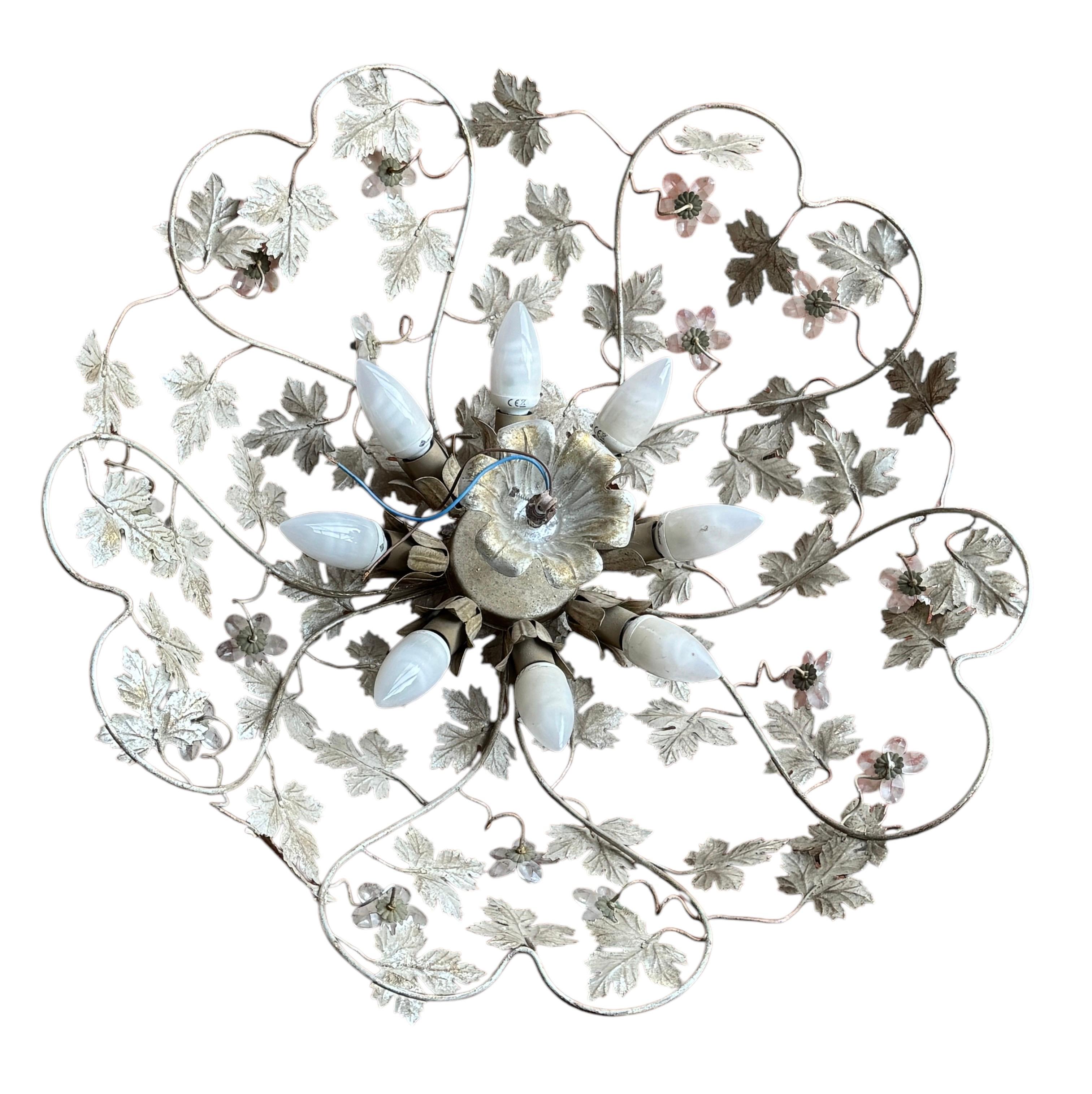 A. Silver Foglie di metallo dorato Fiore di cristallo Hollywood Regency Flush Mount Banci Italia in vendita 6