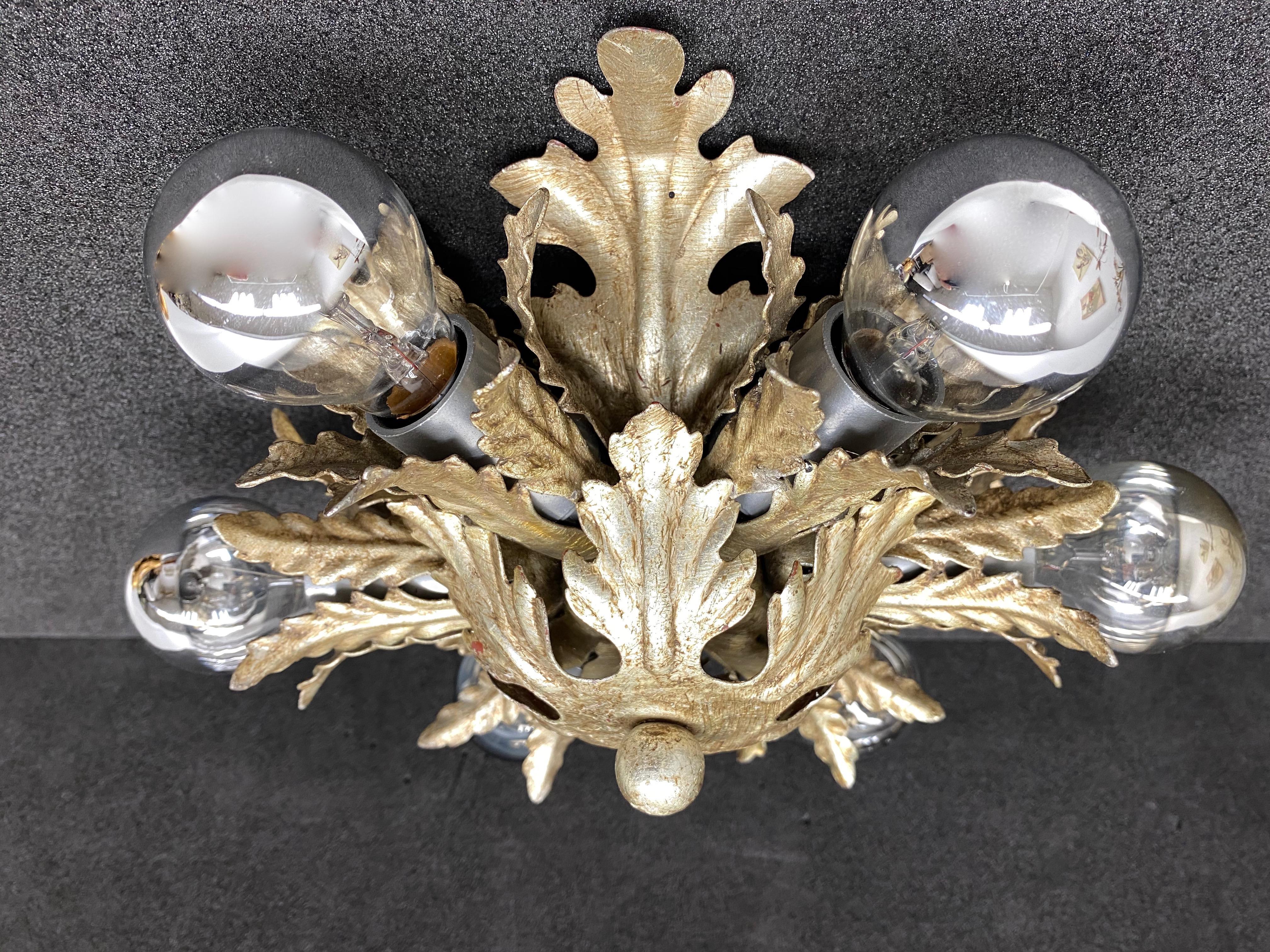 Silver Gilt Metal Leafs Tole Hollywood Regency Flush Mount by Koegl Germany In Good Condition For Sale In Nuernberg, DE