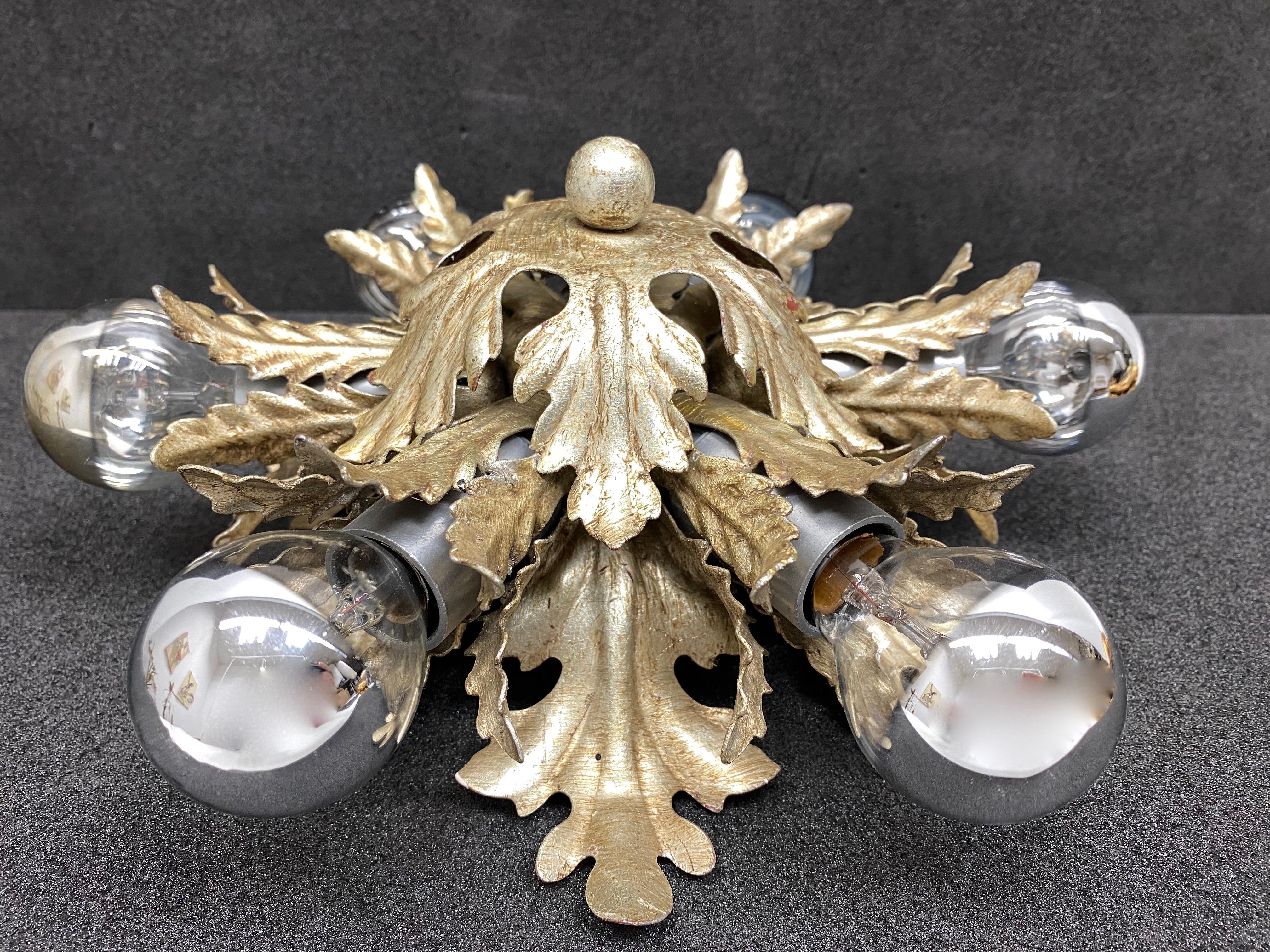 Mid-20th Century Silver Gilt Metal Leafs Tole Hollywood Regency Flush Mount by Koegl Germany For Sale