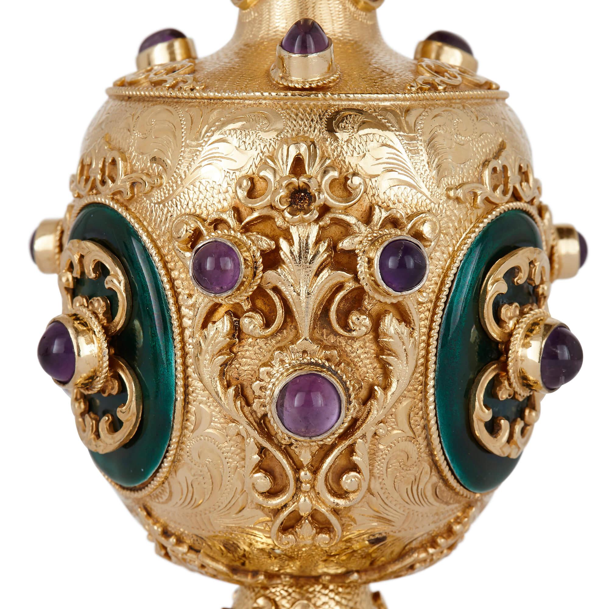 Silver-Gilt Miniature Jug and Basin with Gemstone Inlays  In Excellent Condition In London, GB