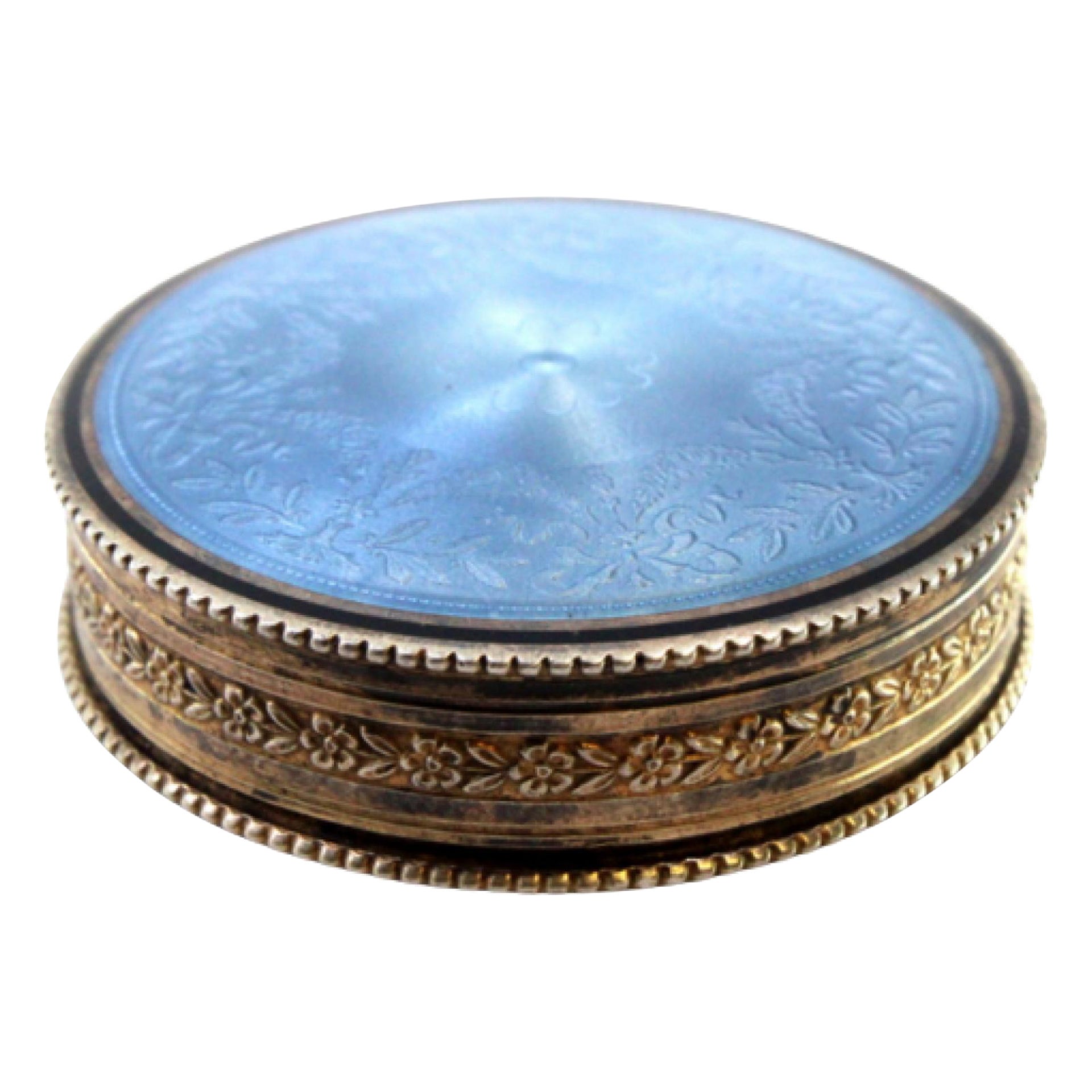 Silver-gilt pill box with enamel florals, fleur-de-lis and gold interior