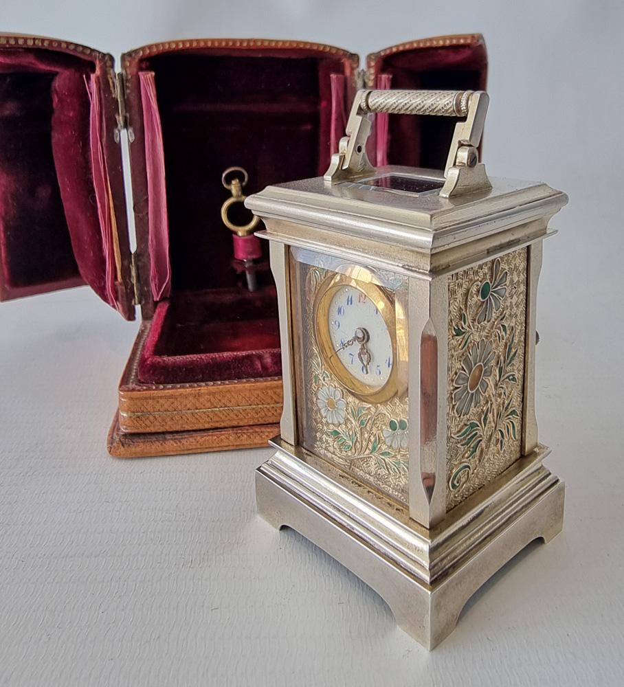 Silver Gilt Sub and enamel Sub miniature Striking Carriage Clock with ...