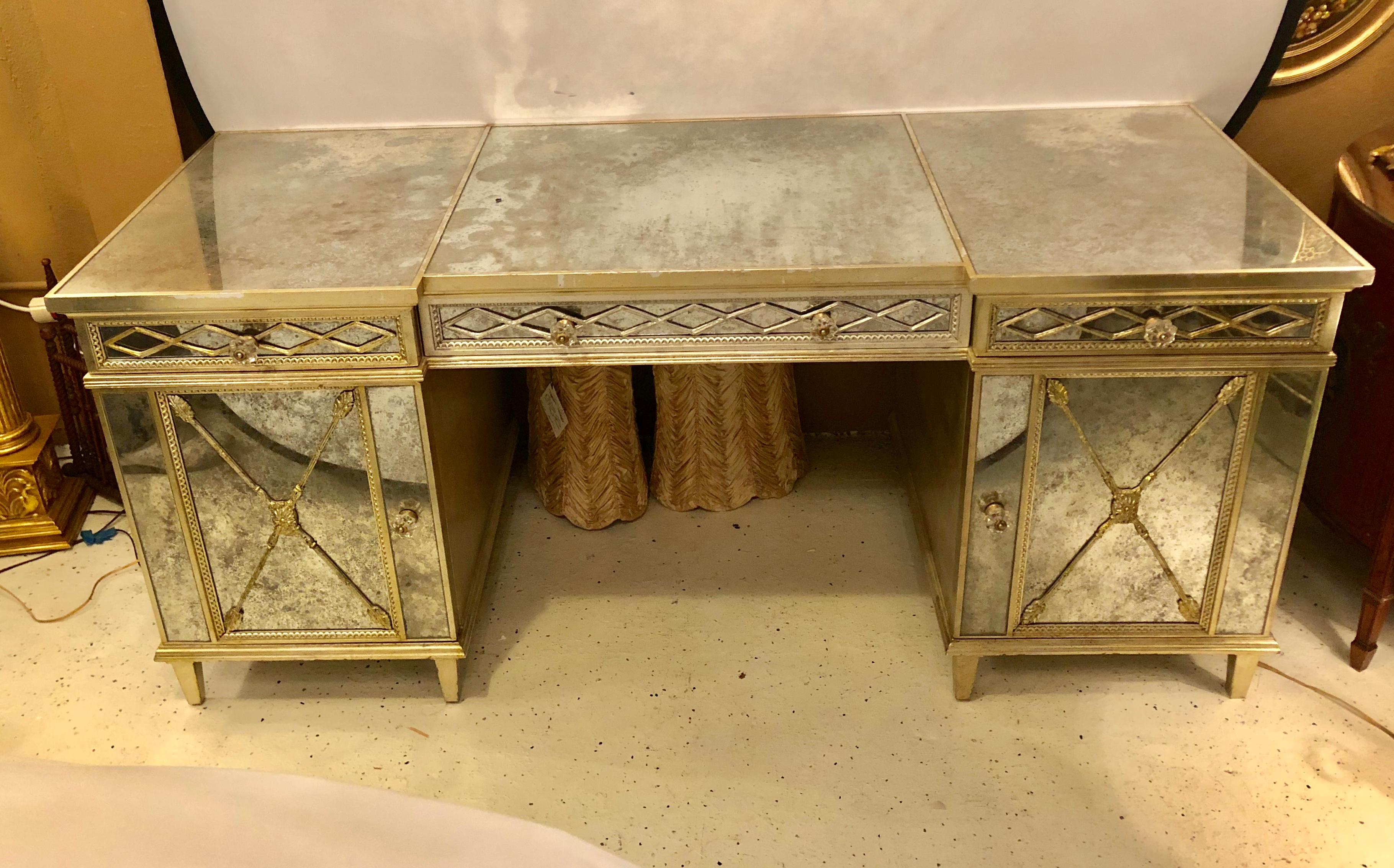 Hollywood Regency Silver Gilt Triple Vanity with Antique Mirror Panelling and Closed Arrow Design