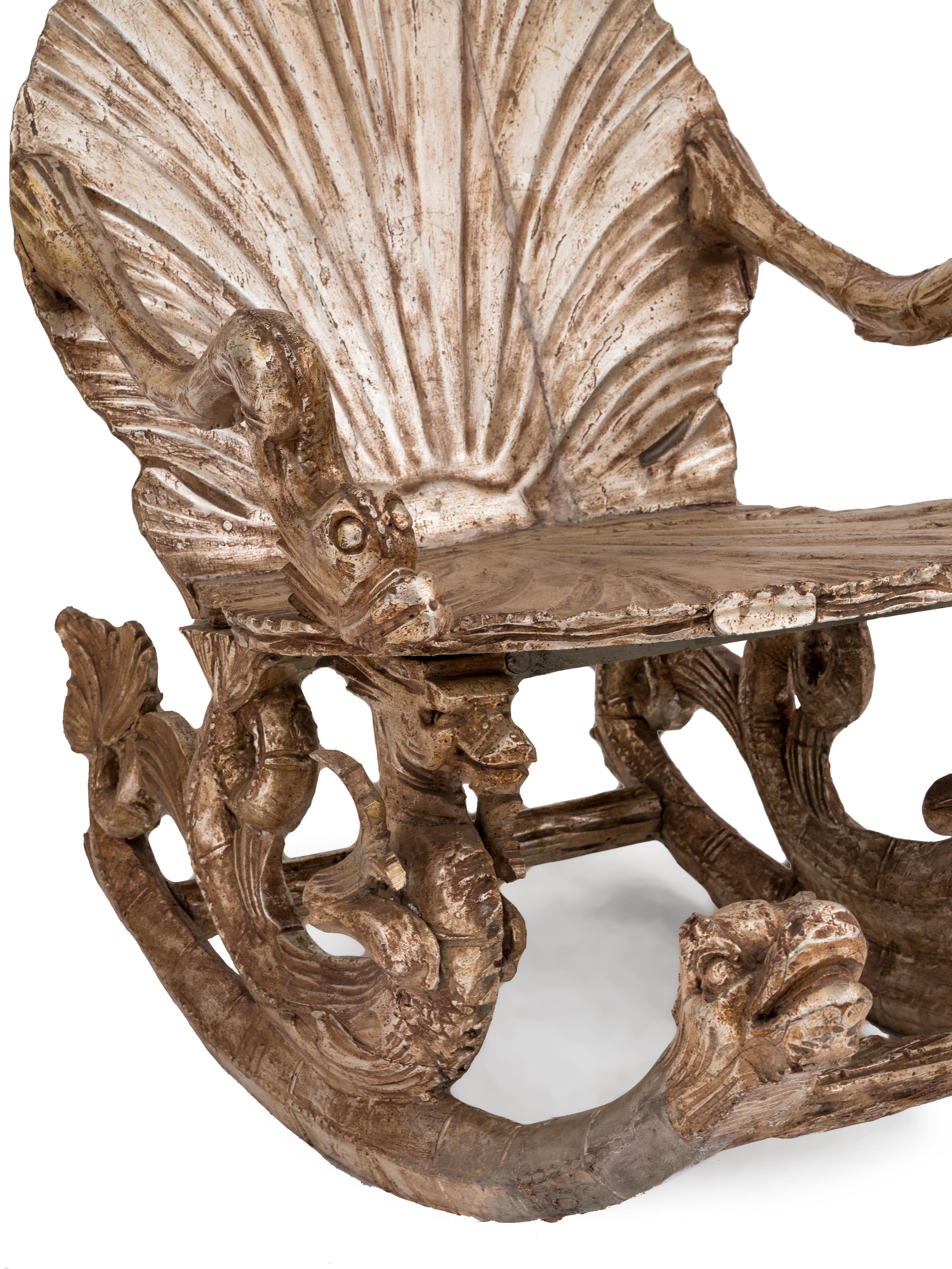 Wood Italian Venetian Grotto Carved Seashell Rocker For Sale