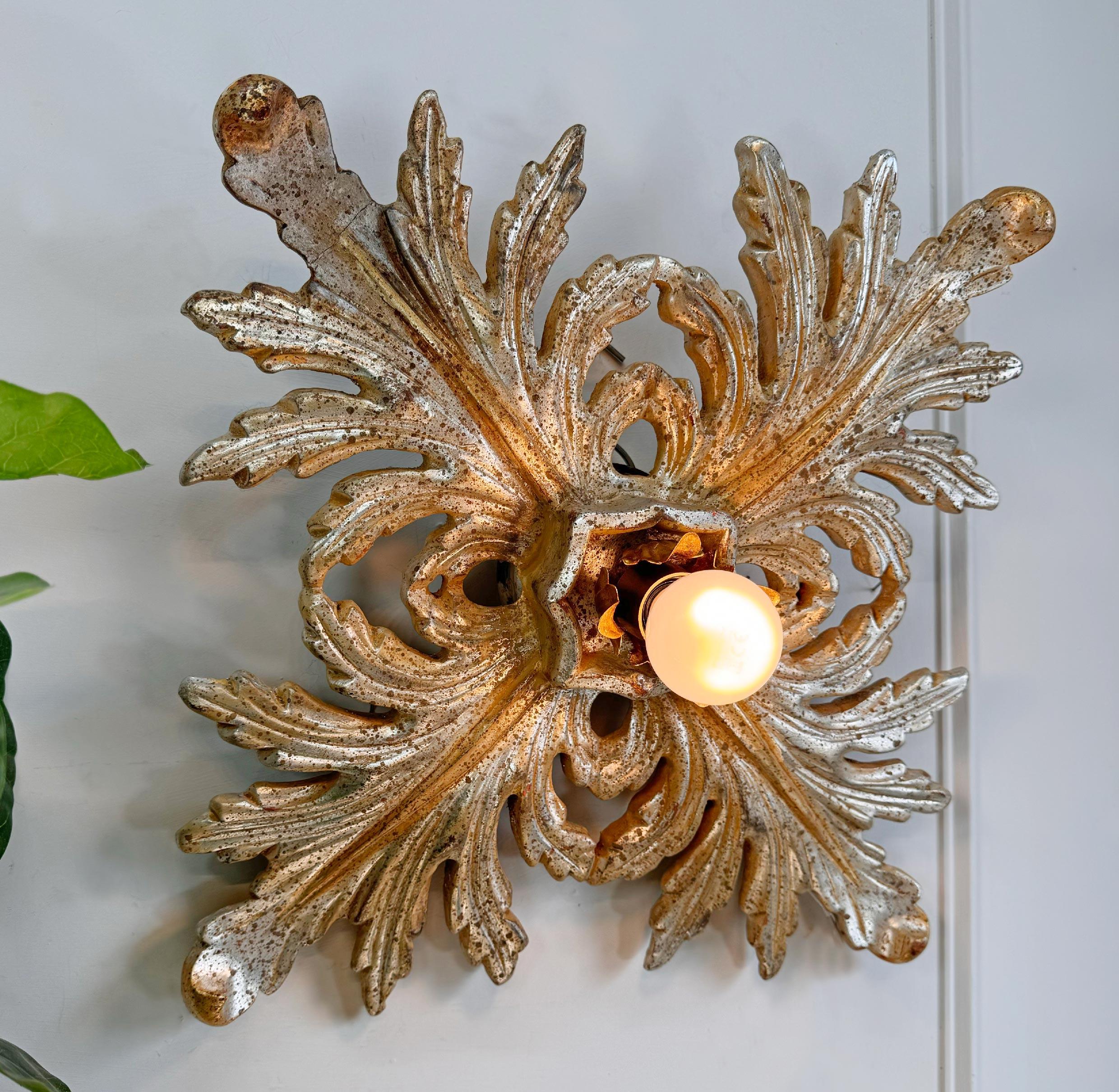 Silver Giltwood Florentine Flush Mount Light For Sale 2