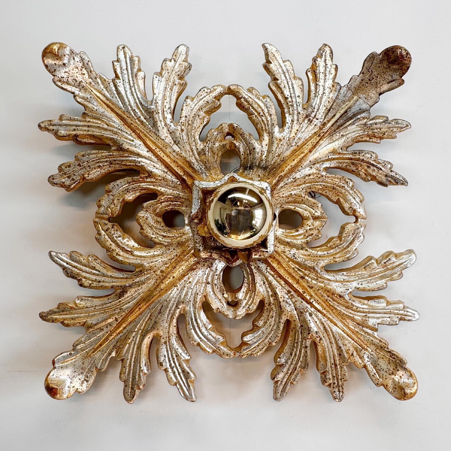 Silver Giltwood Florentine Flush Mount Light For Sale 5