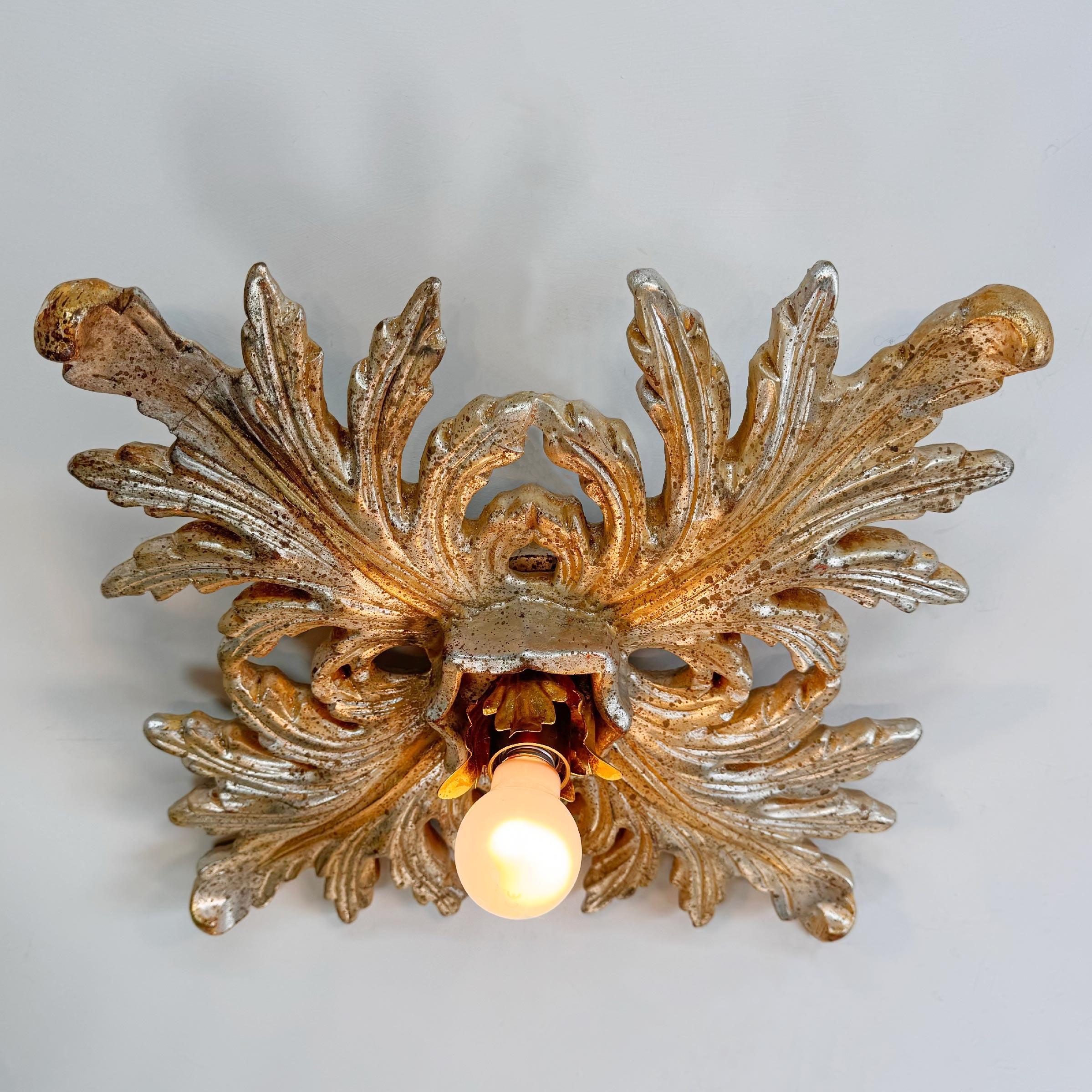 Rococo Silver Giltwood Florentine Flush Mount Light For Sale
