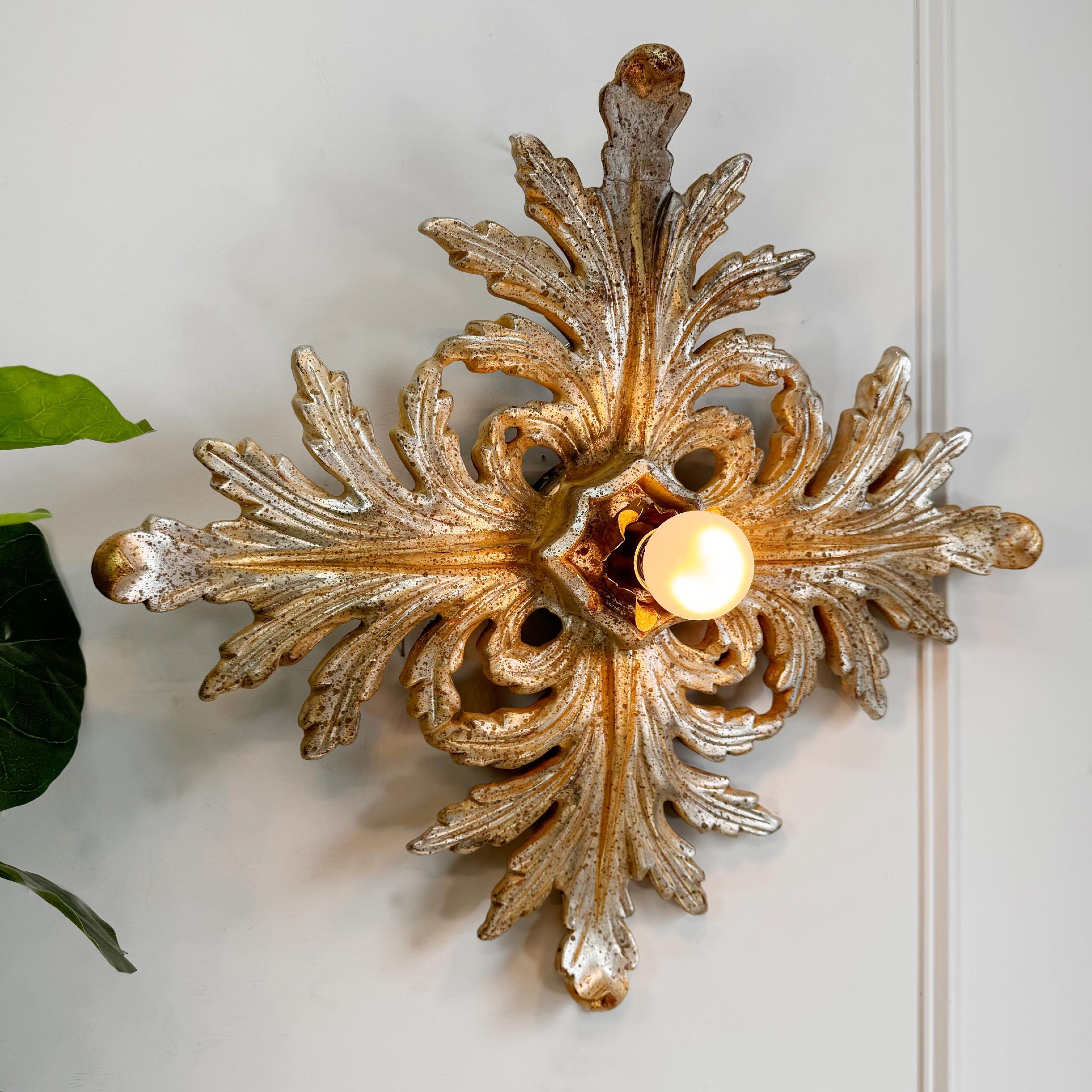 Italian Silver Giltwood Florentine Flush Mount Light For Sale