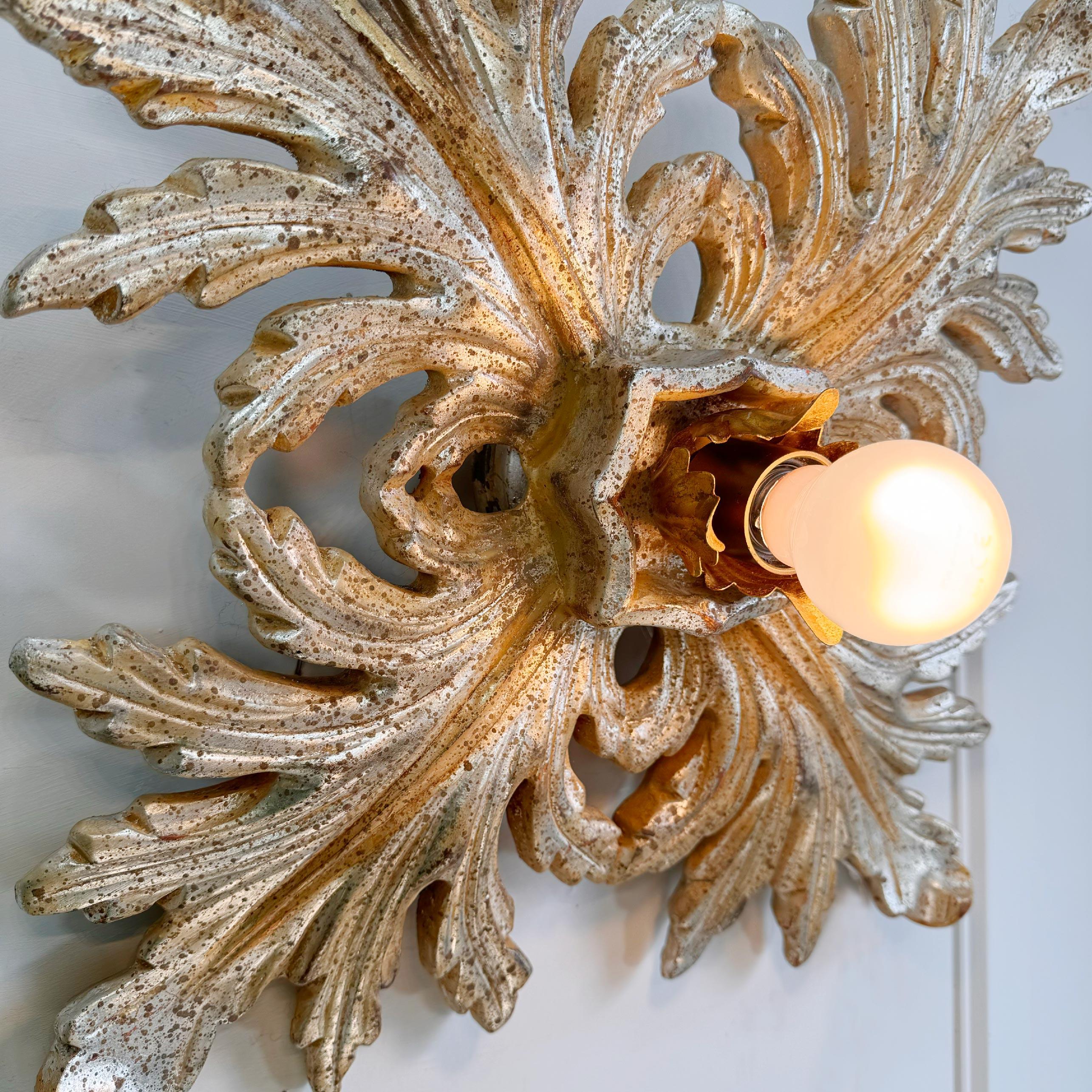 20th Century Silver Giltwood Florentine Flush Mount Light For Sale