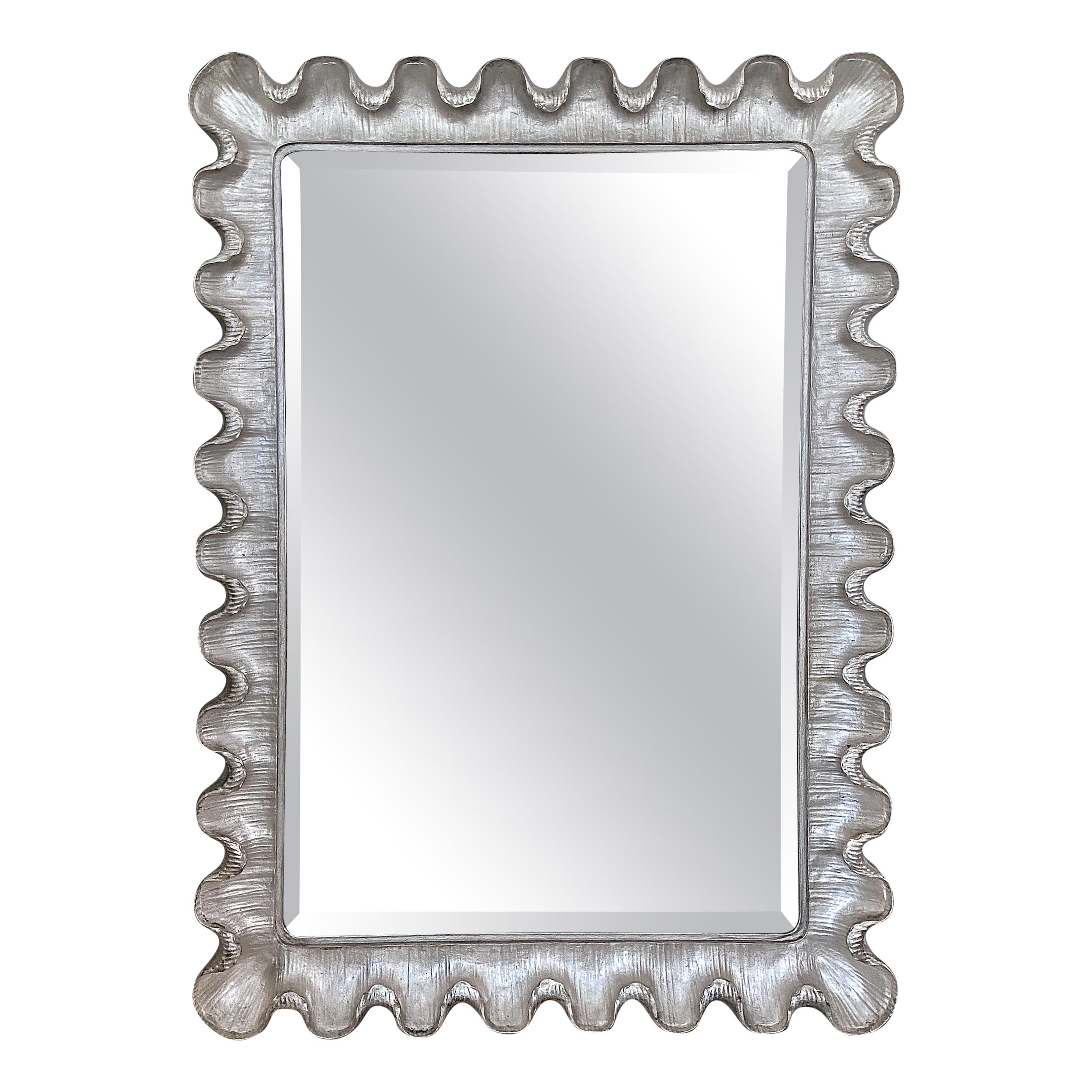 Silver Giltwood Scalloped Edge Moderne Style Wall Mirror