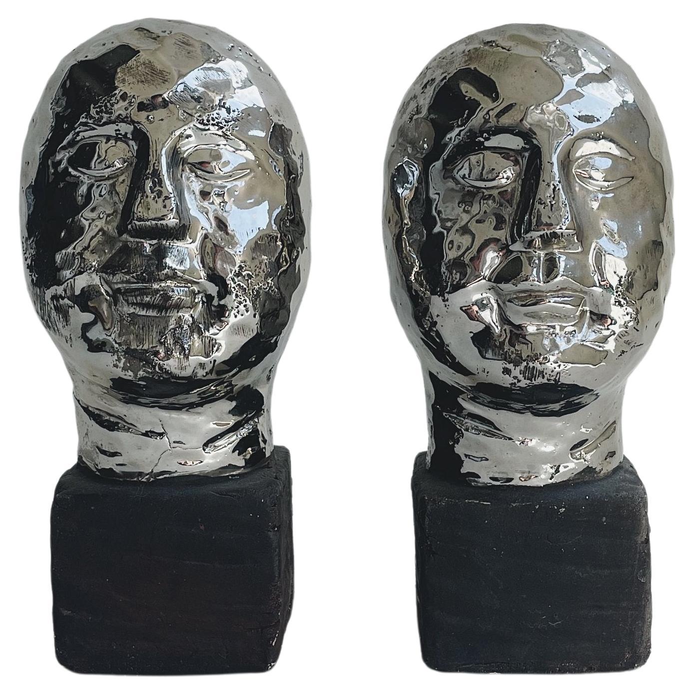 Silver Glaze Cycladic Style Pottery Busts Pair For Sale