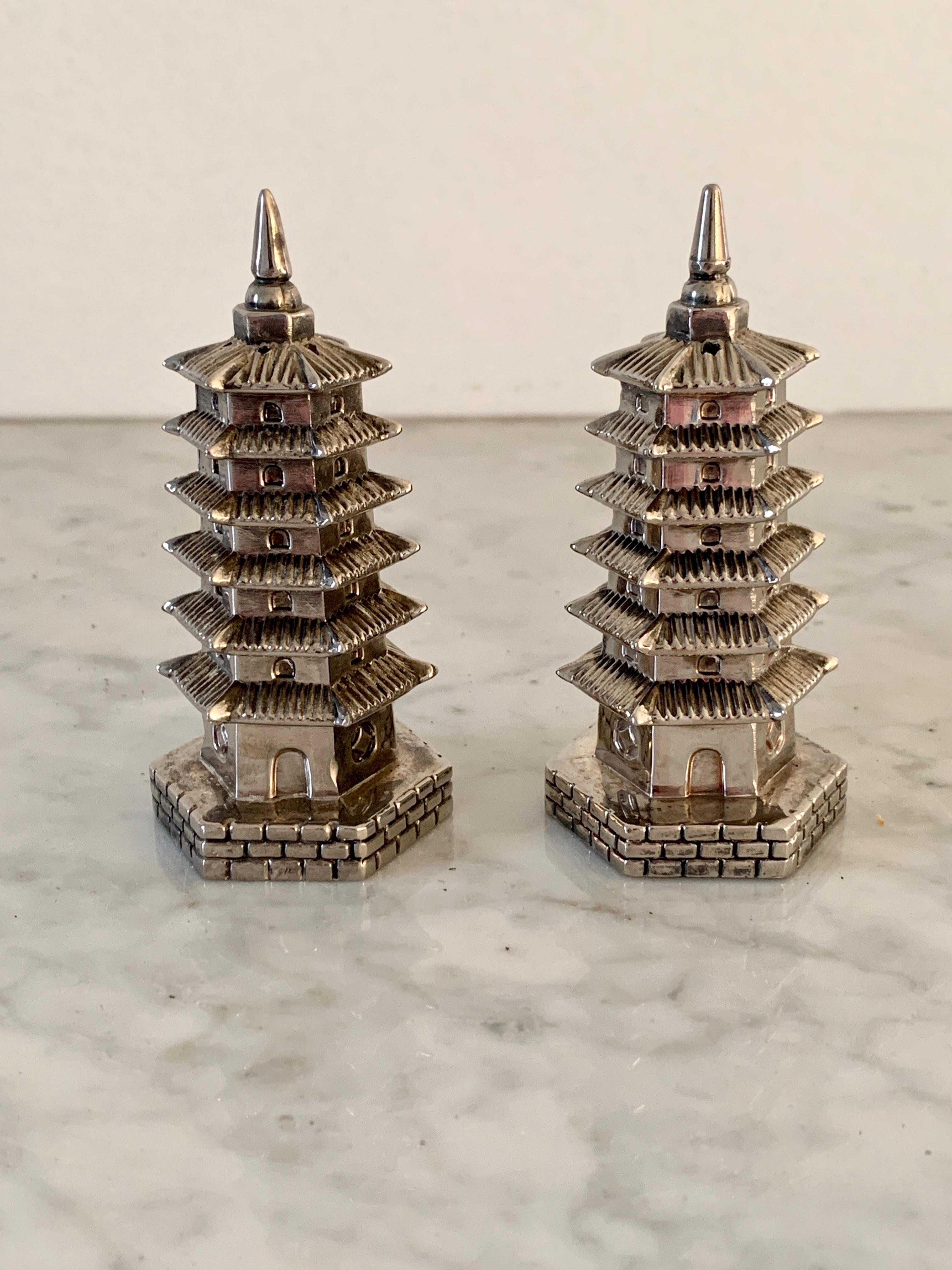 Late 20th Century Silver Godinger Chinoiserie Pagoda Salt and Pepper Shakers