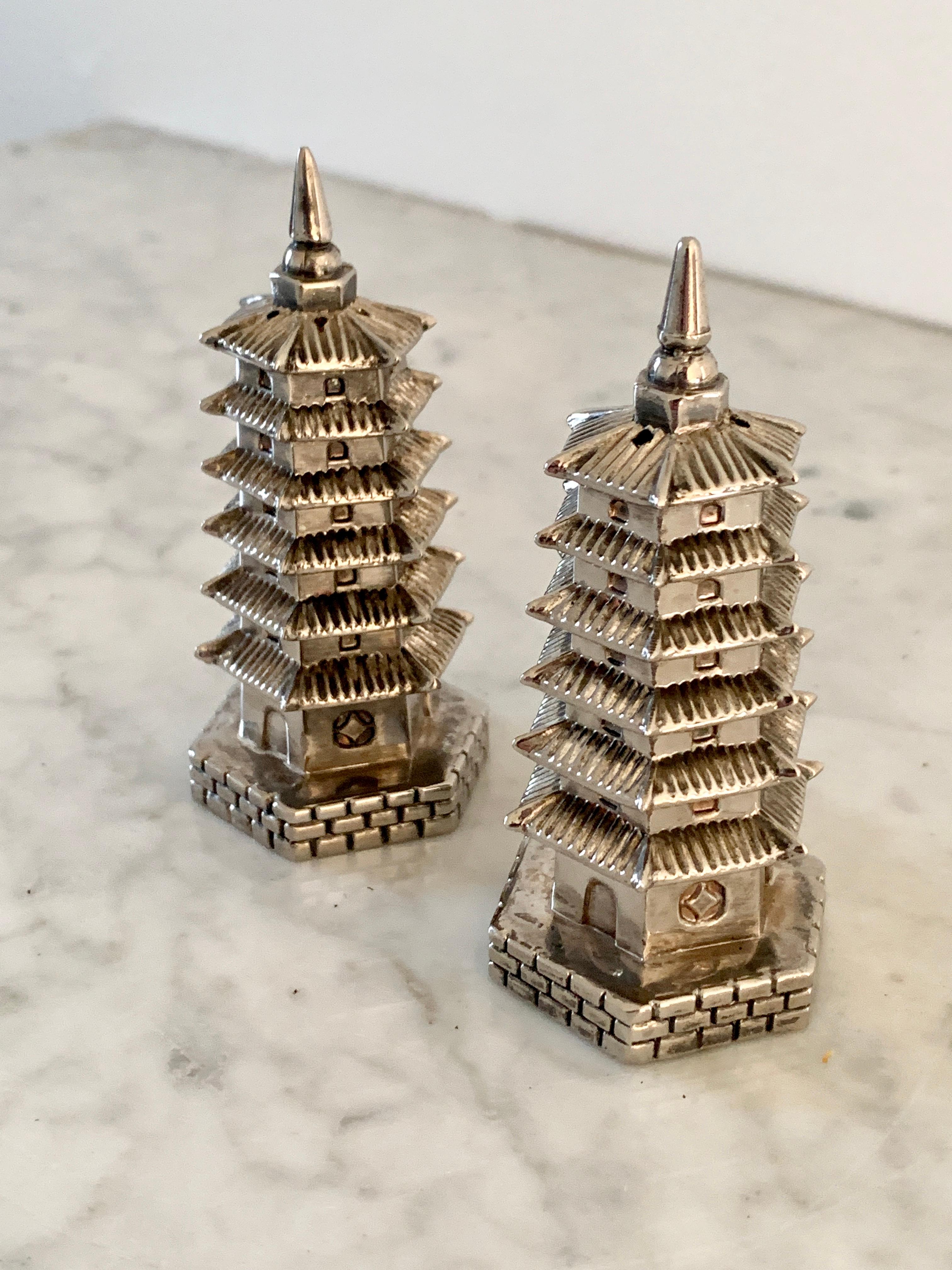 Silver Plate Silver Godinger Chinoiserie Pagoda Salt and Pepper Shakers